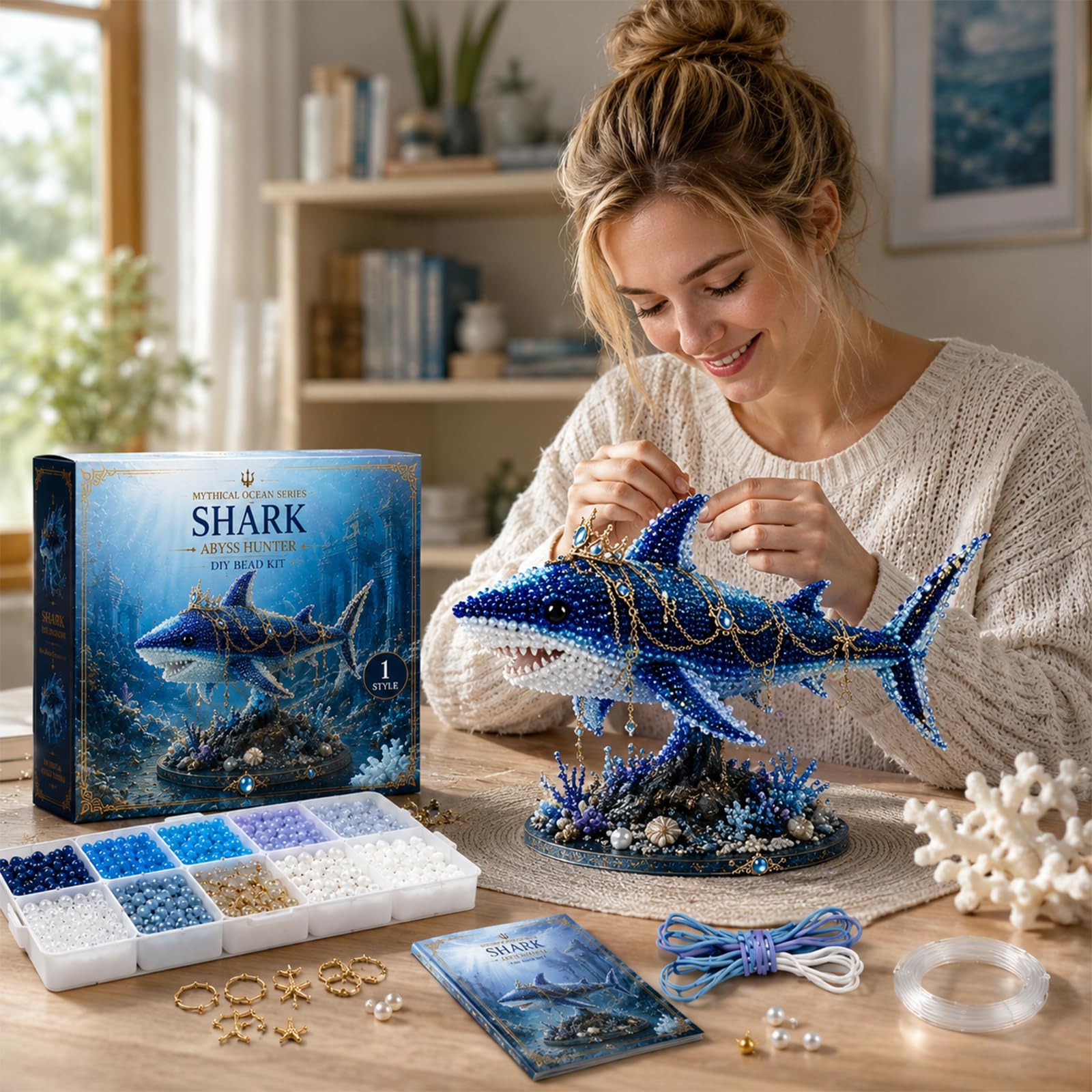 STARHMLUX Kit de Animales con Cuentas 3D Océano Mítico - Manualidades Adultos y Adolescentes, Premium Abalorios de Cristal DIY Sin Pegamento con Soporte Hipocampo Tortuga Crab