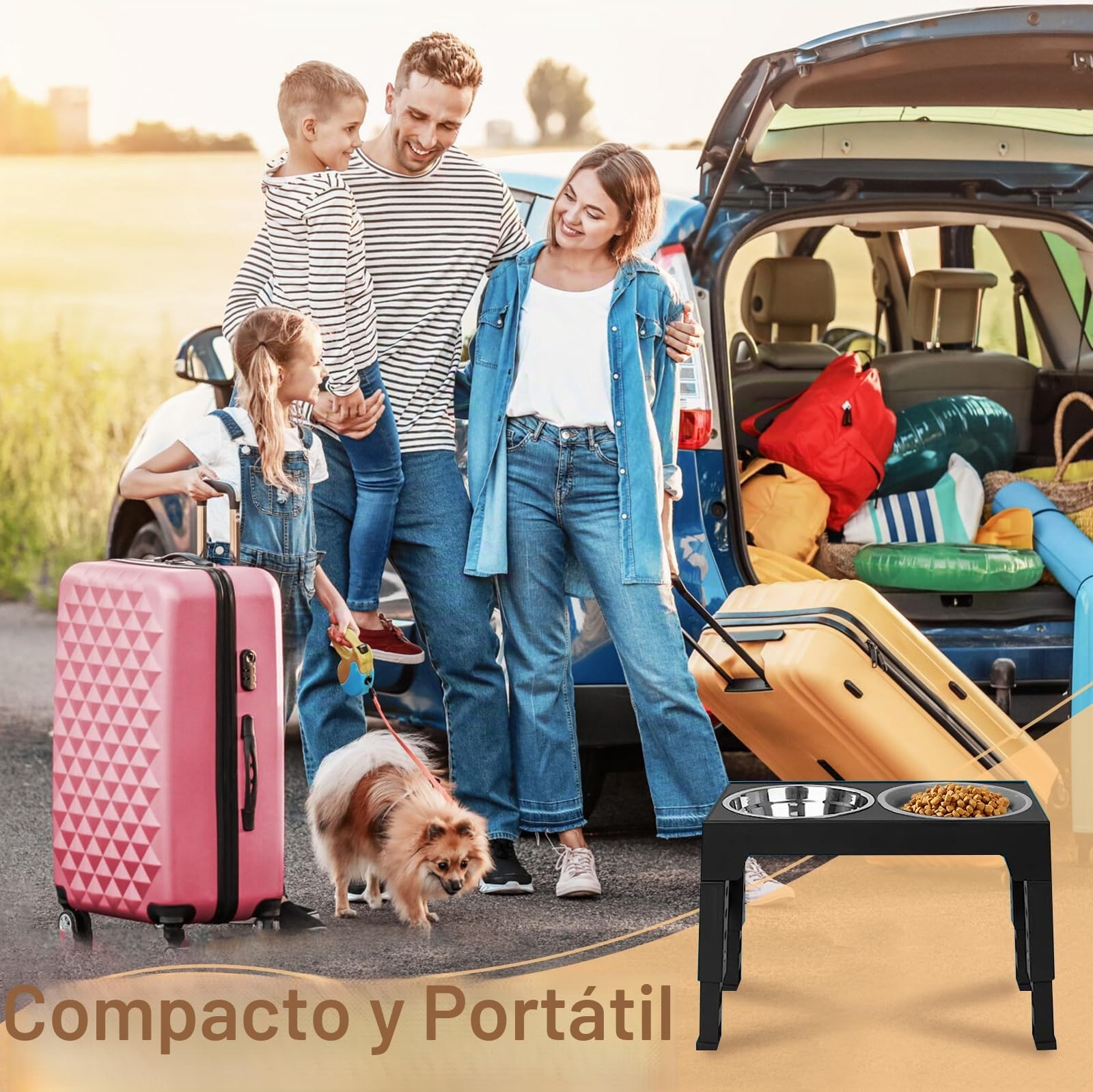 Comedero Elevado para Perros, 4 Alturas Ajustables, Cuencos de Acero Inoxidable y Alimentador Lento Antivoracidad, Soporte Antideslizante Plegable para Razas Pequeñas, Medianas, Grandes y Gatos