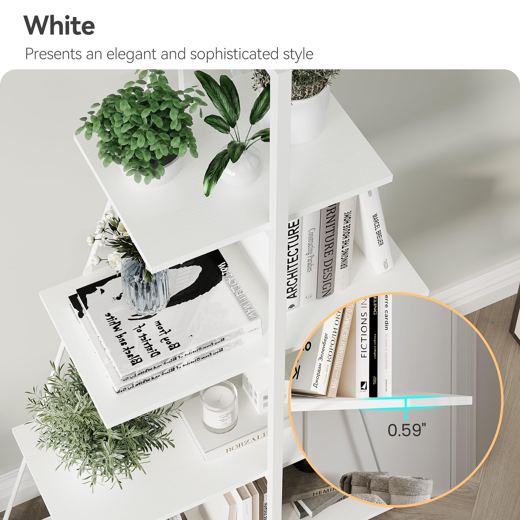 IDEALHOUSE Scaffale a scala salvaspazio a 4 ripiani, con telaio ad A, scaffale angolare sottile con ripiani in legno per libri, piante e decorazioni, per casa e soggiorno, bianco ferro +