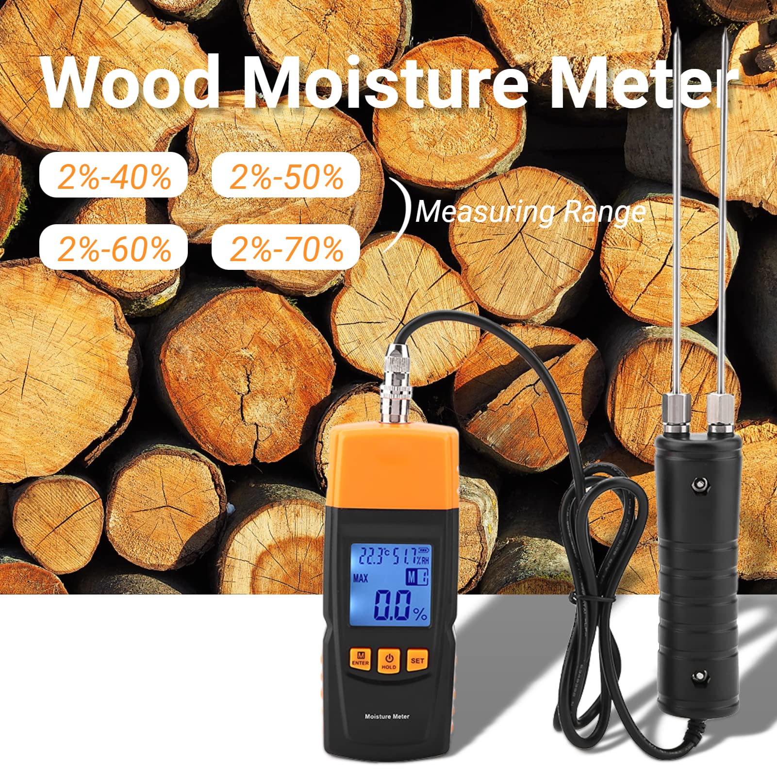 Jectse Medidor digital de humedad de madera, GM620, pantalla LCD ajustable, medidor de humedad para leña, madera, bambú, algodón, papel, detector de humedad de -10-60 ℃