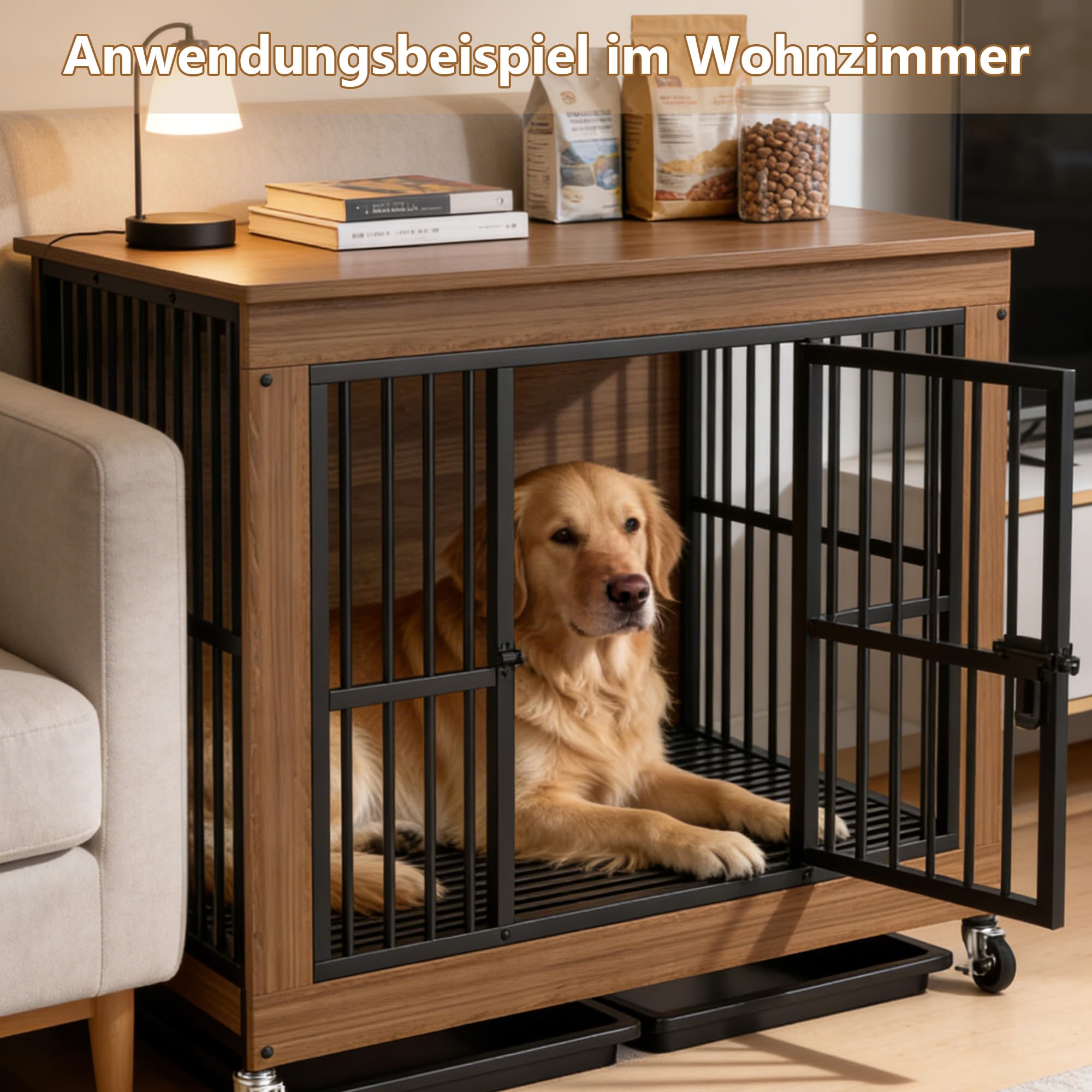Hundekäfig für Zuhause XXL mit Rollen Bodenwanne große/mittlere Hunde für den Innenbereich Holz Metall möbel Hundemöbel (100x67x89.5cm)