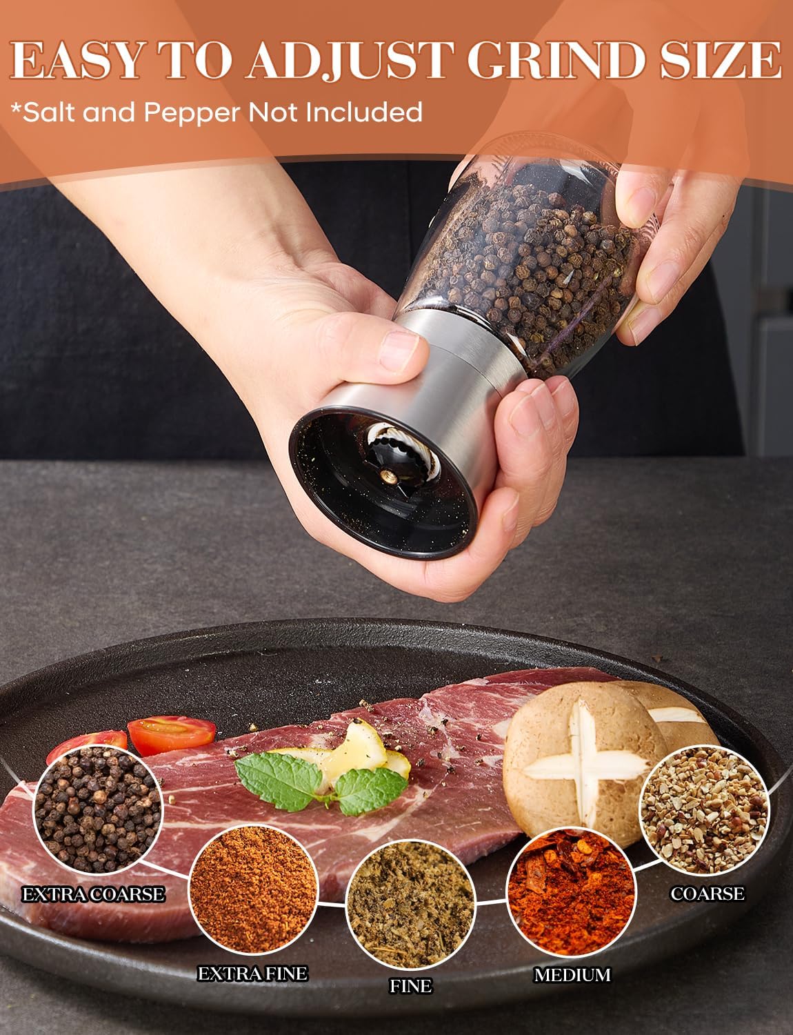 Salt and Pepper Grinder 2pcs Black Pepper Mill Refillable Manual Stainless Steel Lid Adjustable Coarseness Glass Material Fits in Home Kitchen Barbecue