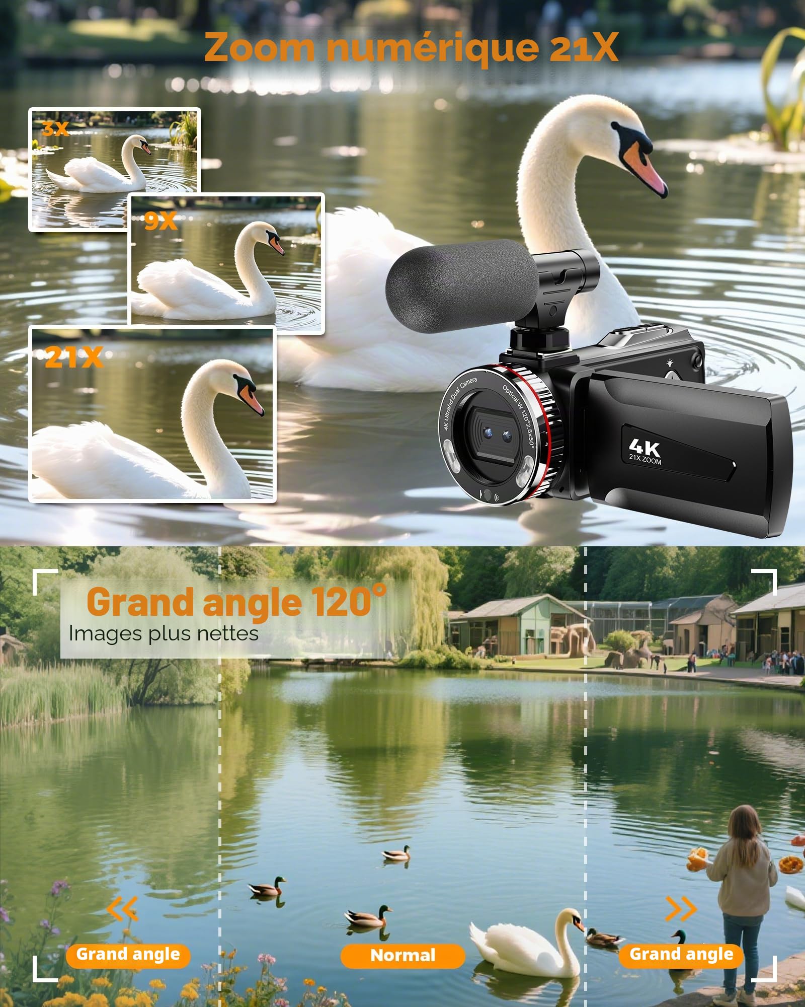 Caméscope 4K 48X Zoom Numérique 21X Vlogging Caméra avec Carte 32 Go, Microphone, Télécommande