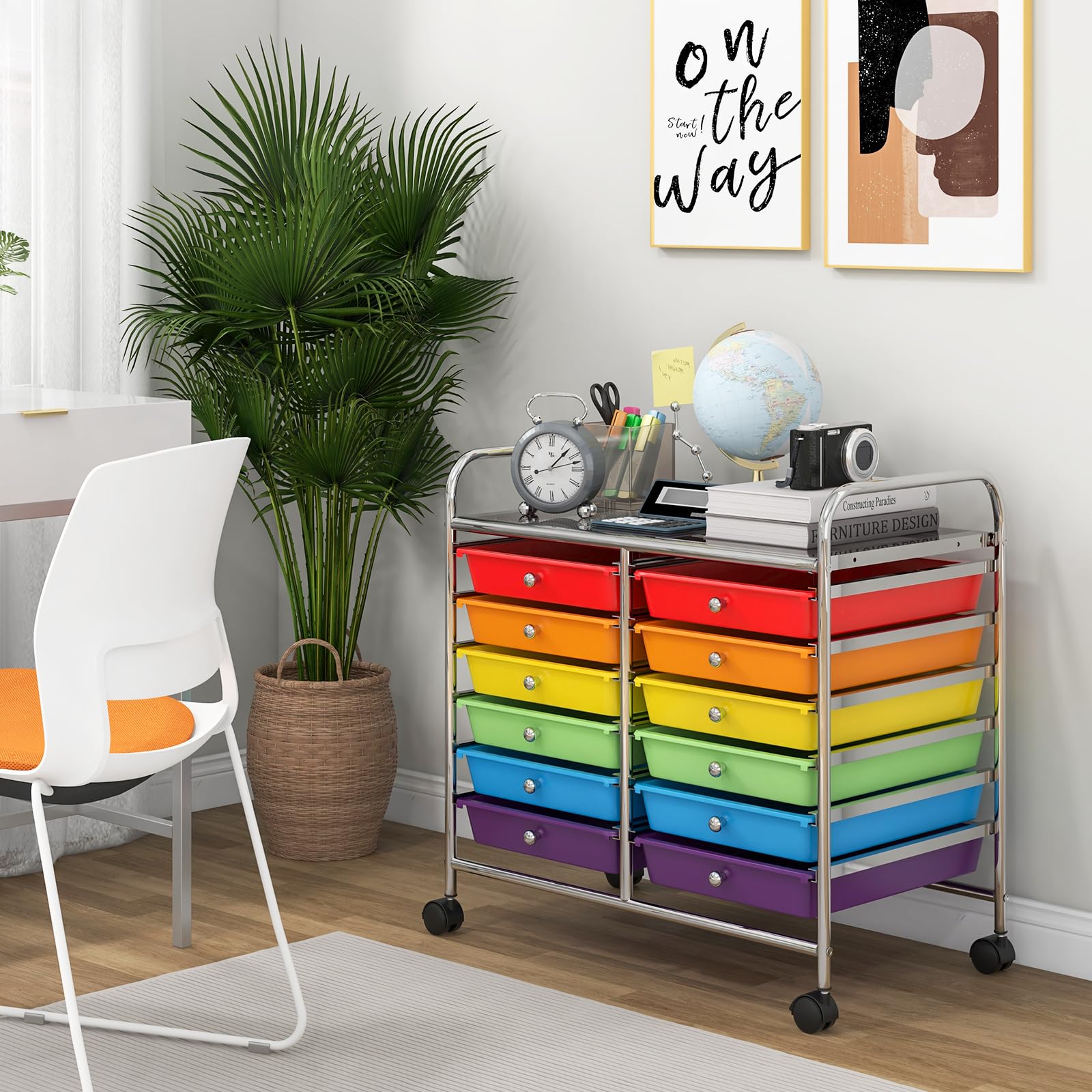 GIANTEX Chariot de Rangement, 12 Tiroirs, roulettes Pratiques, Grande Planche de Travail, Poignées Latérales, Glissières Douces, Chariot Polyvalent pour Salon, Cuisine, Bureau (Multicolore)