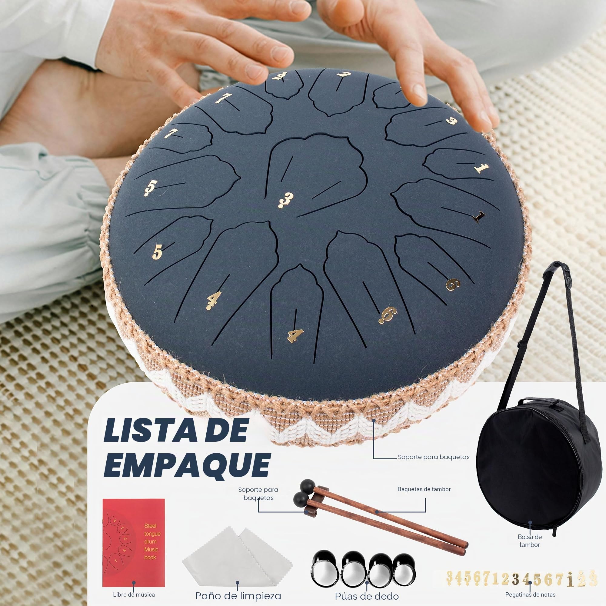 Steel Tongue Drum C Mayor, 12 Pulgadas 30 cm 15 Notas Handpan con Baquetas, Funda Protectora y Partituras Musicales, Tambor Percusion La Meditación y el Yoga, Azul Marino