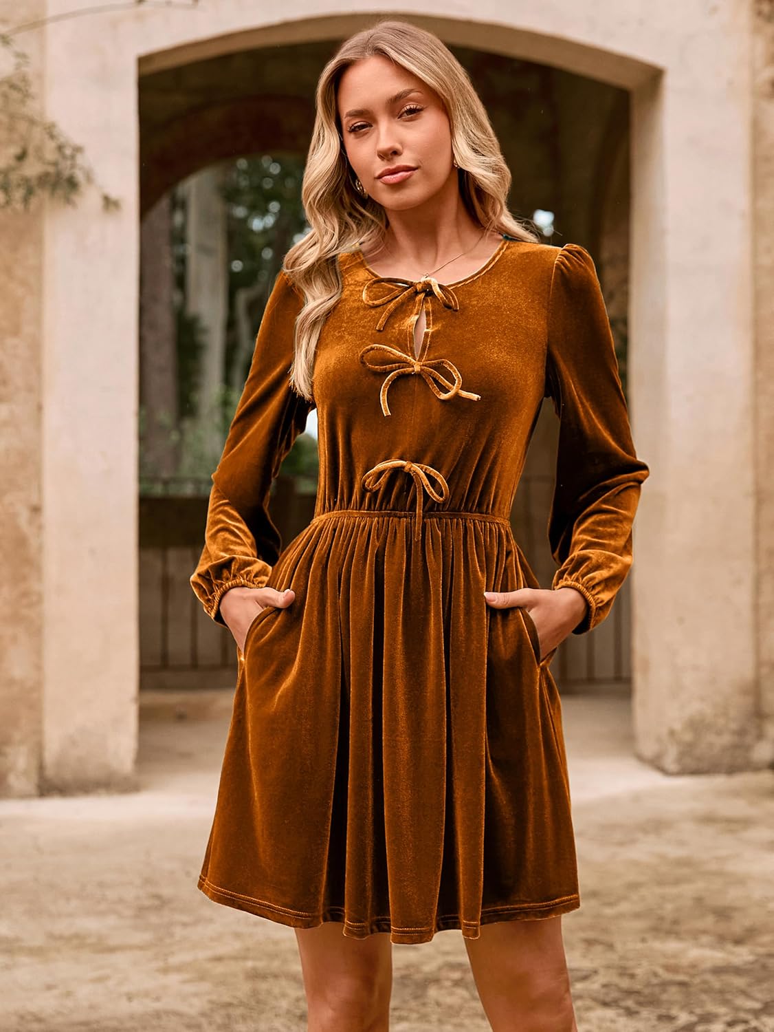 Simplee Womens Fall Velvet Dress Long Sleeve Bow Tie Front Babydoll A Line Cocktail Party Christmas Holiday Dresses - Image 6