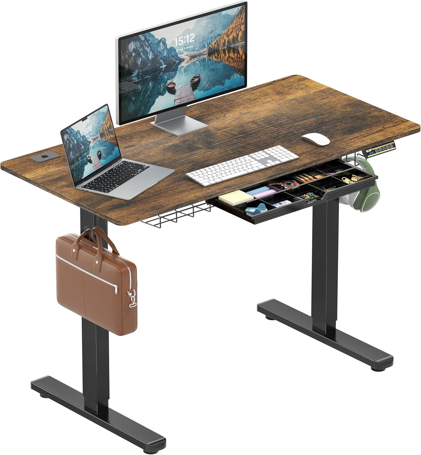 SHW 48-Inch Electric Height Adjustable Standing Desk with Drawer, Memory Preset and Cable Management Tray, Rustic Brown