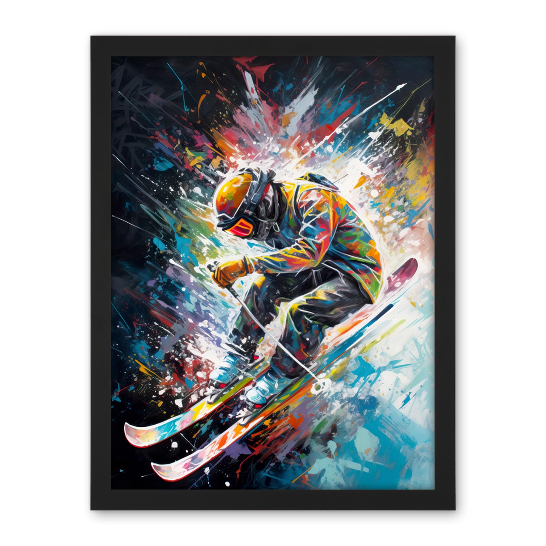 Artery8 Skier Skiing Vibrant Splatter Art Motion Painting Artwork Framed Wall Art Print 18X24 Inch
