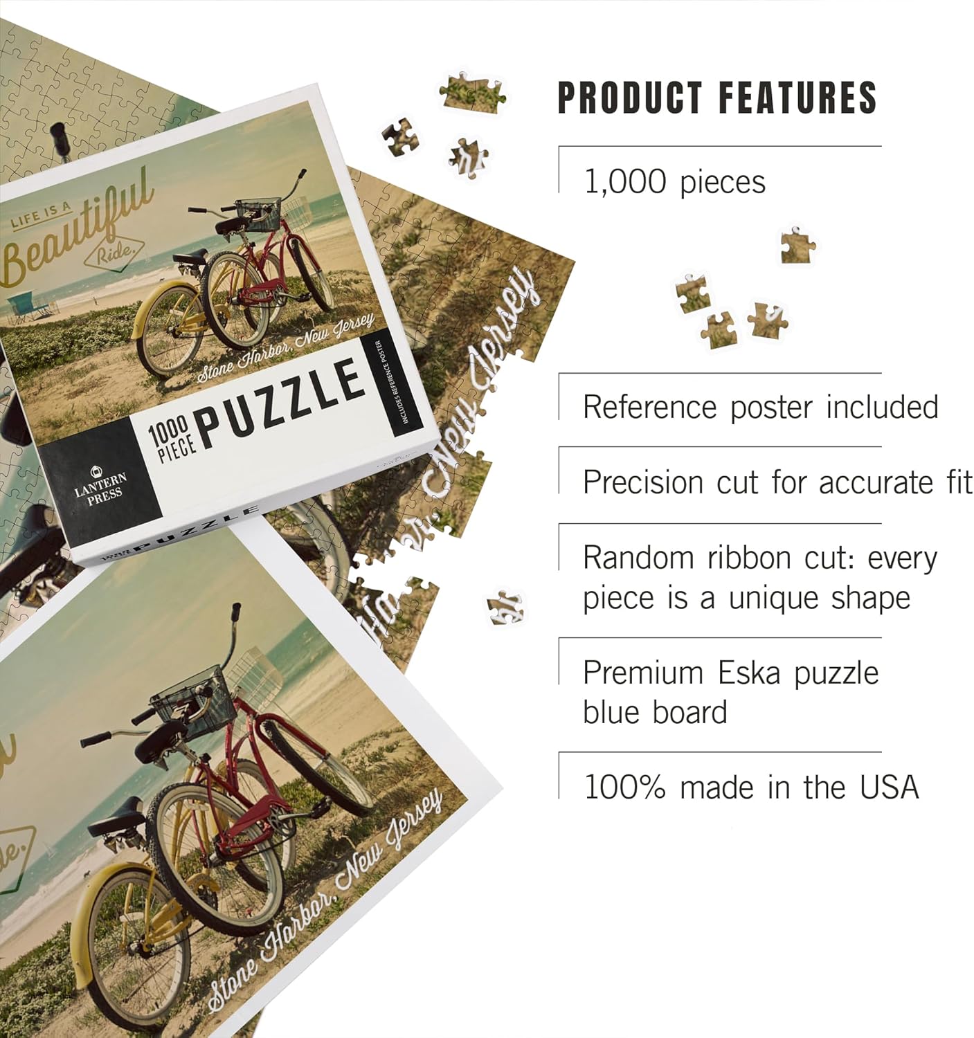 Lantern Press Stone Harbor, New Jersey, Life is a Beautiful Ride, Beach Cruisers 1000 Piece Jigsaw Puzzle for Adults, Made in USA with Reference Poster