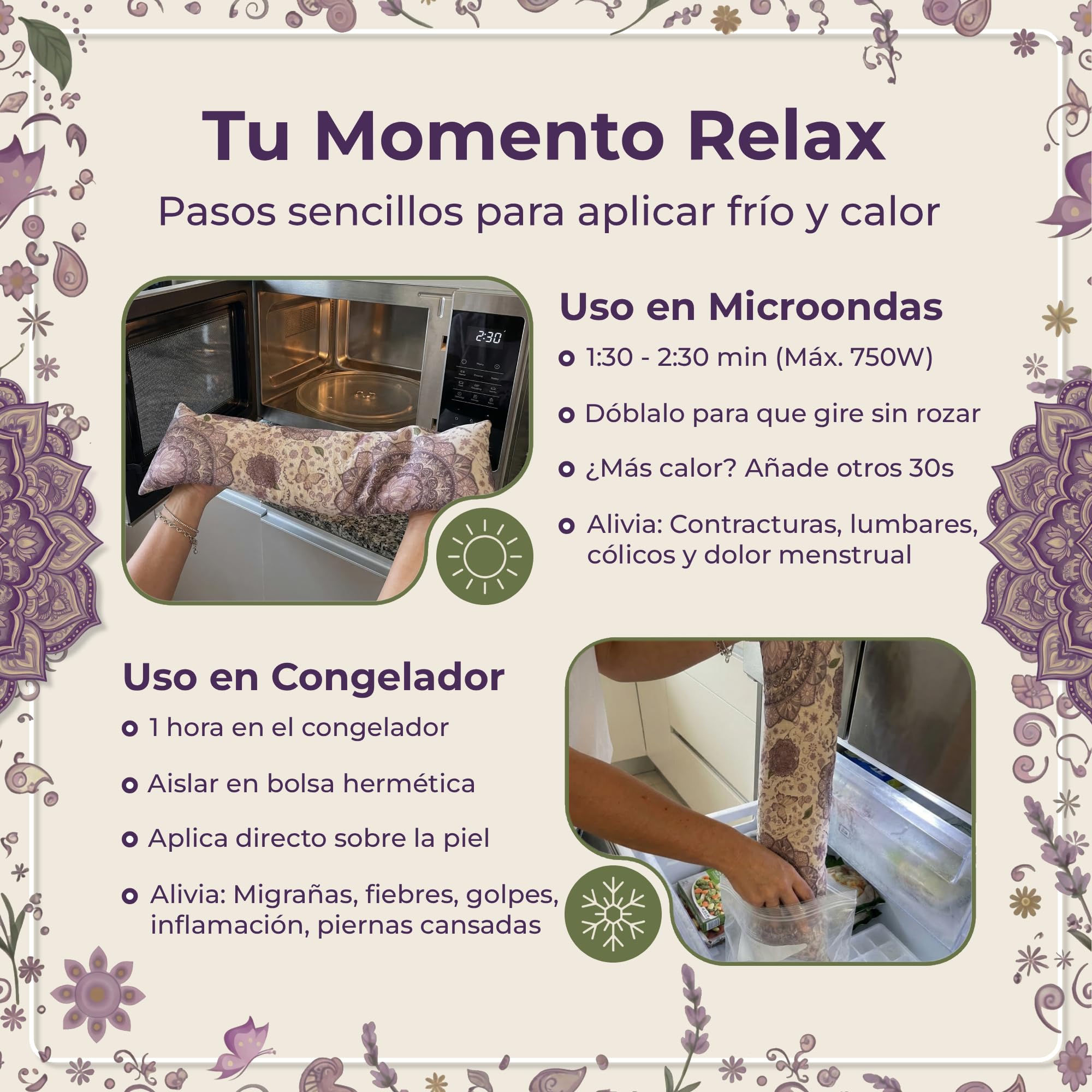 Saco Semillas Microondas Termico 45x14cm Aroma Lavanda - Bolsa Semillas Calor Microondas - Cojin para Dolor Cervical y Lumbar - Saquito Menstrual - Almohadilla Calor y Frio - Hecho a Mano (Mandala) — view 4