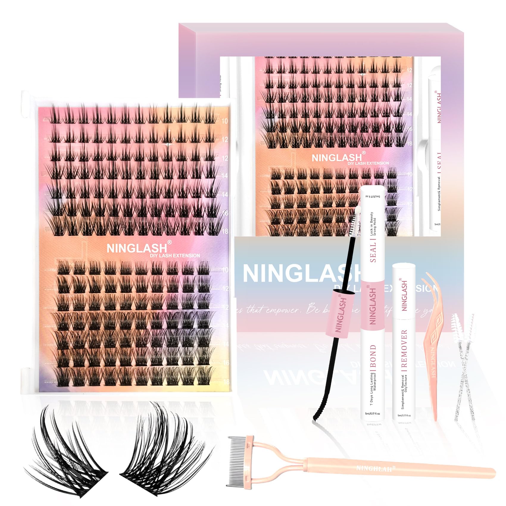 NINGLASH Royale Lash Clusters Kit Wispy DIY Eyelash Extension, 2 Styles 154pcs Individual Natural Lashes Spikes Cluster Eyelashes Lash Bond and Seal