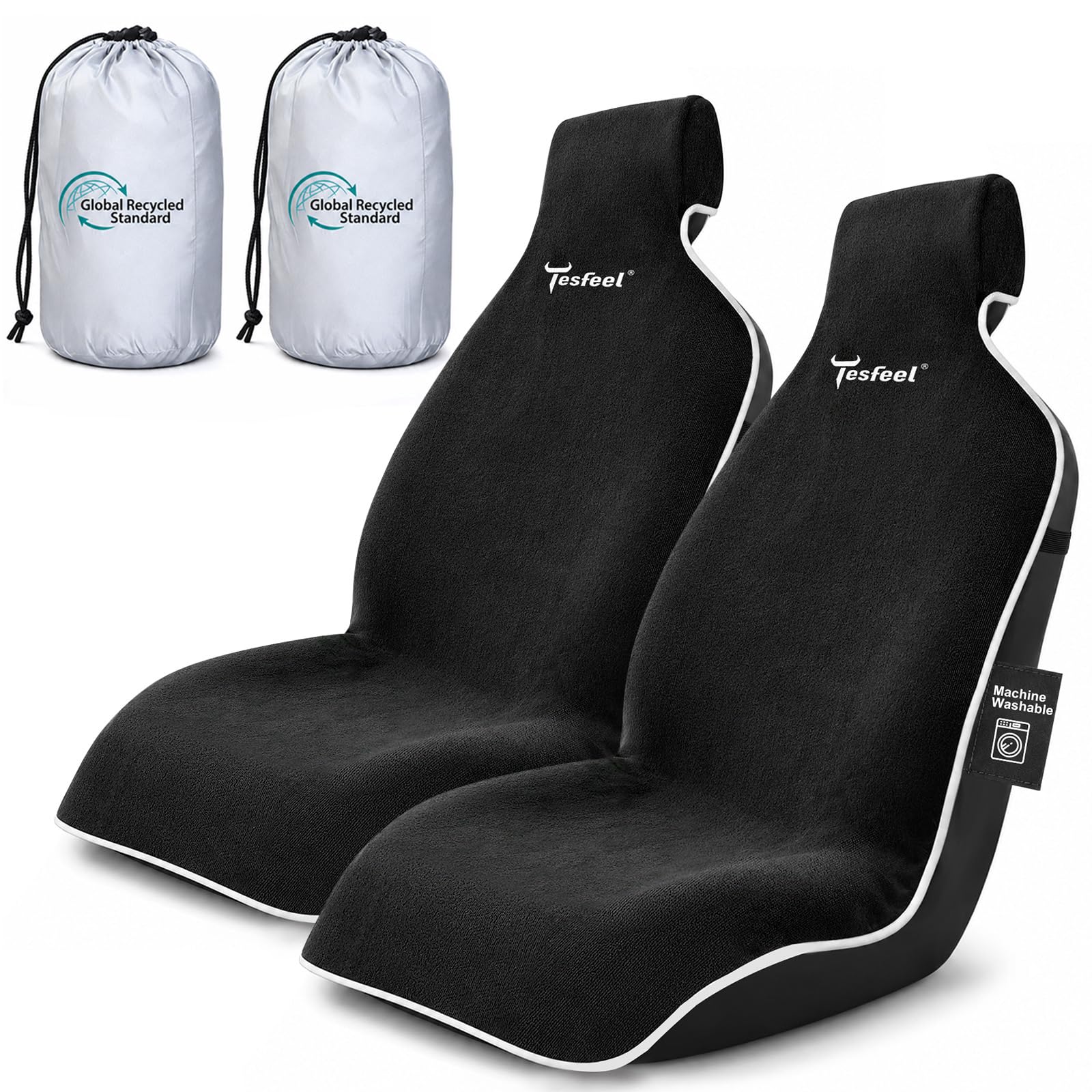 TESFEEL 자동차 시트 커버 타월, 방수 테리 천 카시트 커버 범용 핏, 자동차, SUV, 픽업용, 세탁 가능한 카시트 프로텍터 브랜드 맞춤(블랙, 2개)