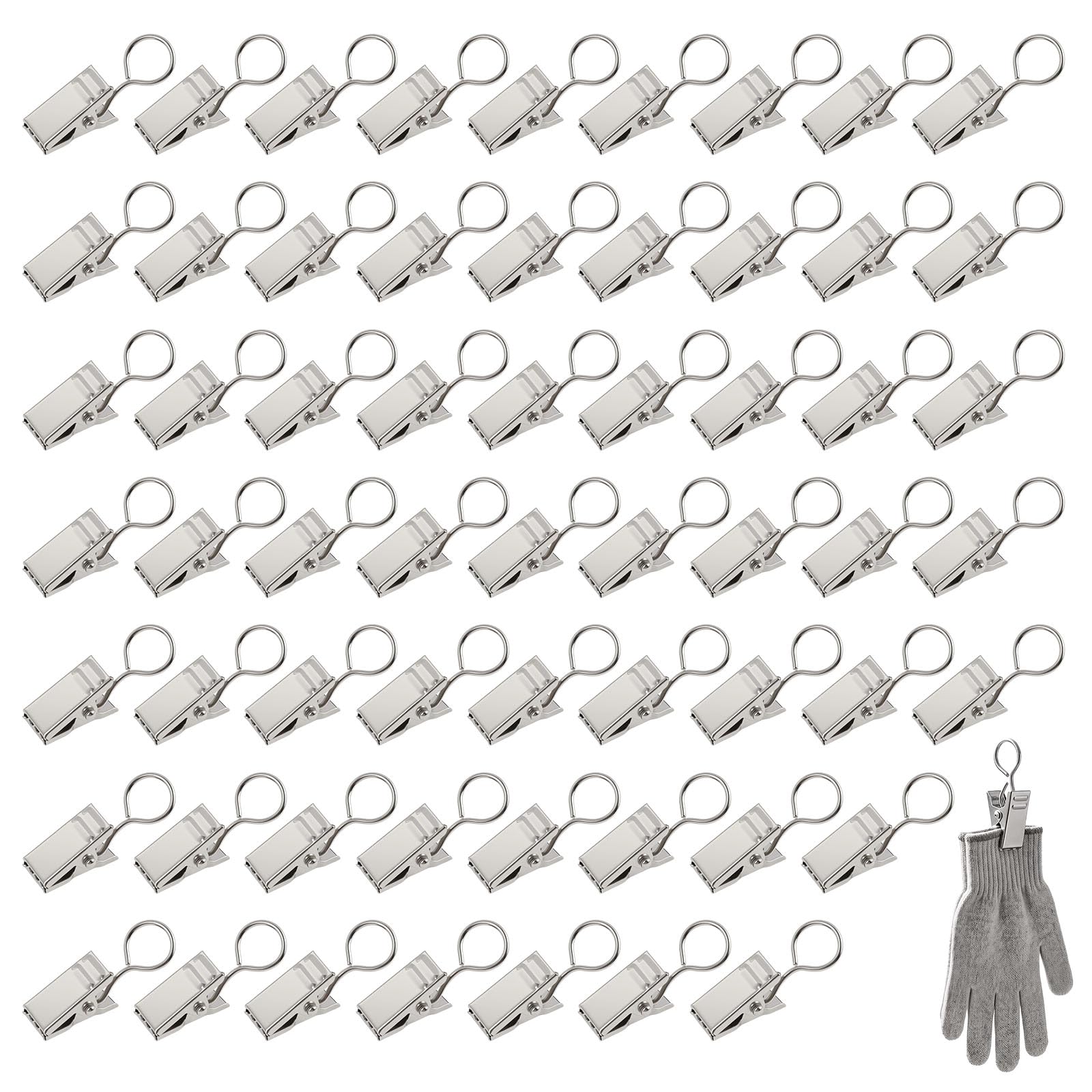 Pinces à Rideaux Métalliques 60PCS Crochets Acier Inoxydable Résistants à la Rouille Argenté