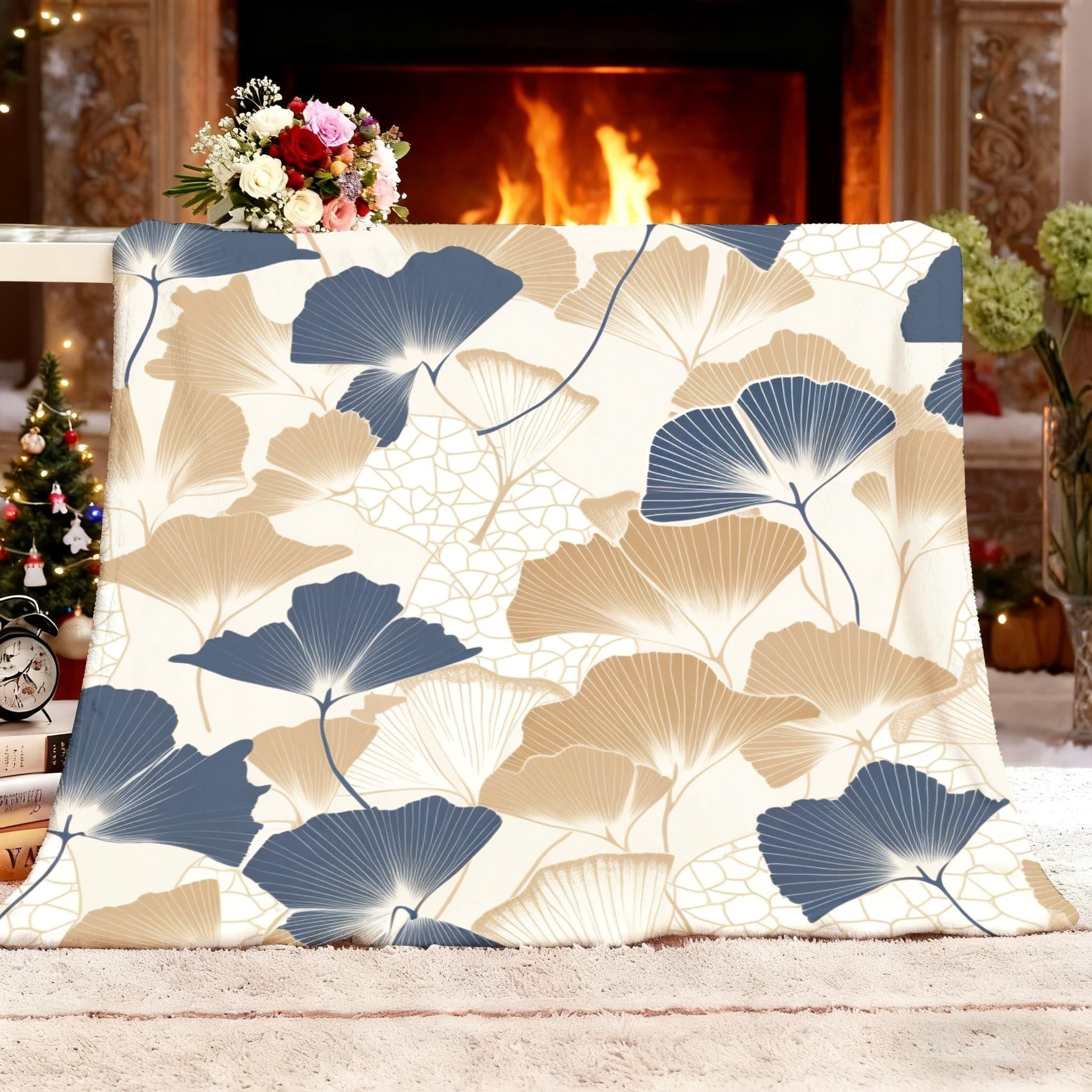 Genérico Cozy Plush Manta XXL 180x200cm Rayas Florales De Hojas De Ginkgo Manta de Franela Ropa de Cama cálida Suave de Forro Polar Blanco para Sofá Sala de Estar Oficina Coche Exterior Mantas