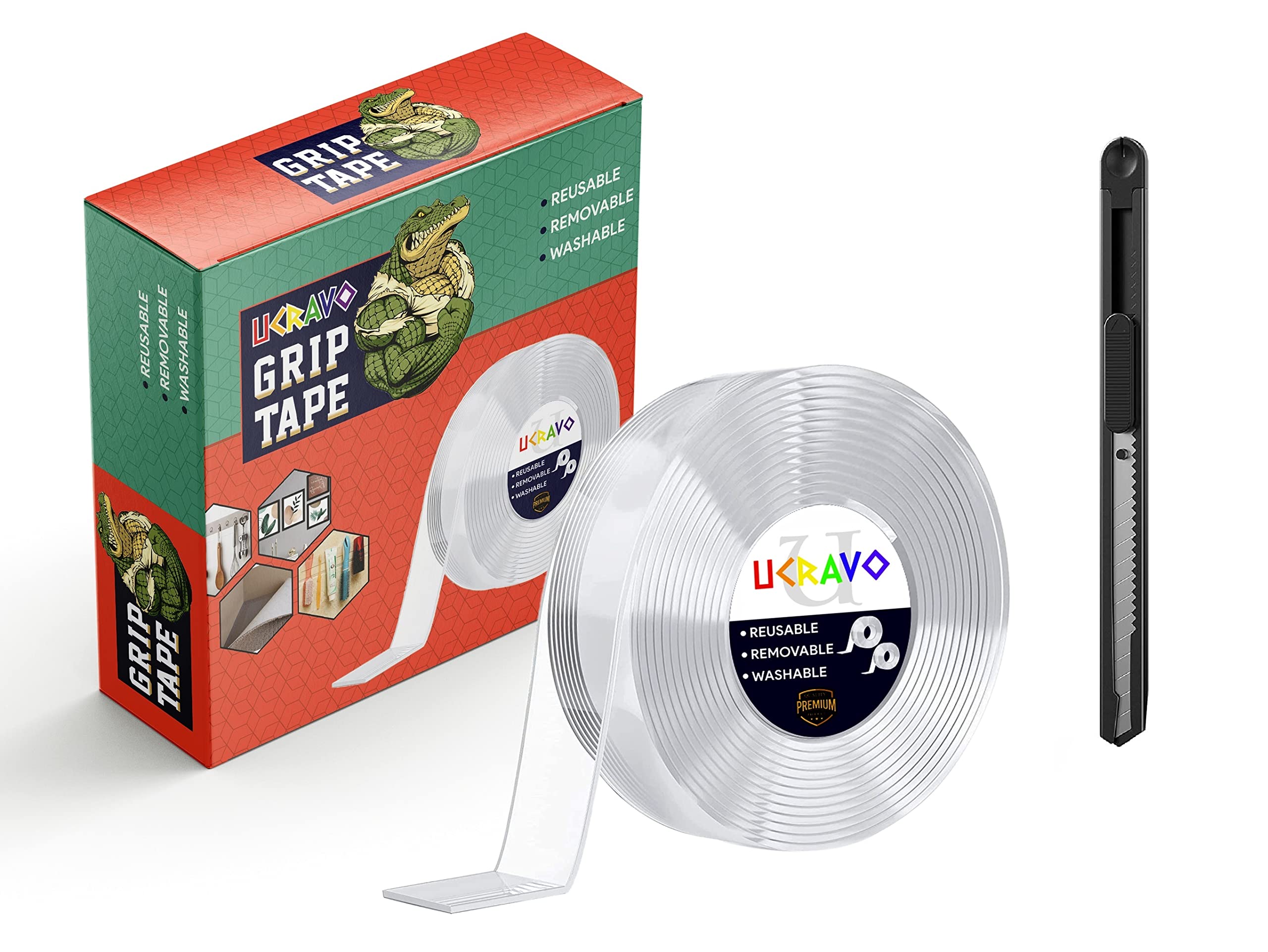 UCRAVO Double Sided Tape with Cutter, 3 Meter Removable and Washable Grip Mounting Tape, for Home Office Car Decoration, Fixing Carpets