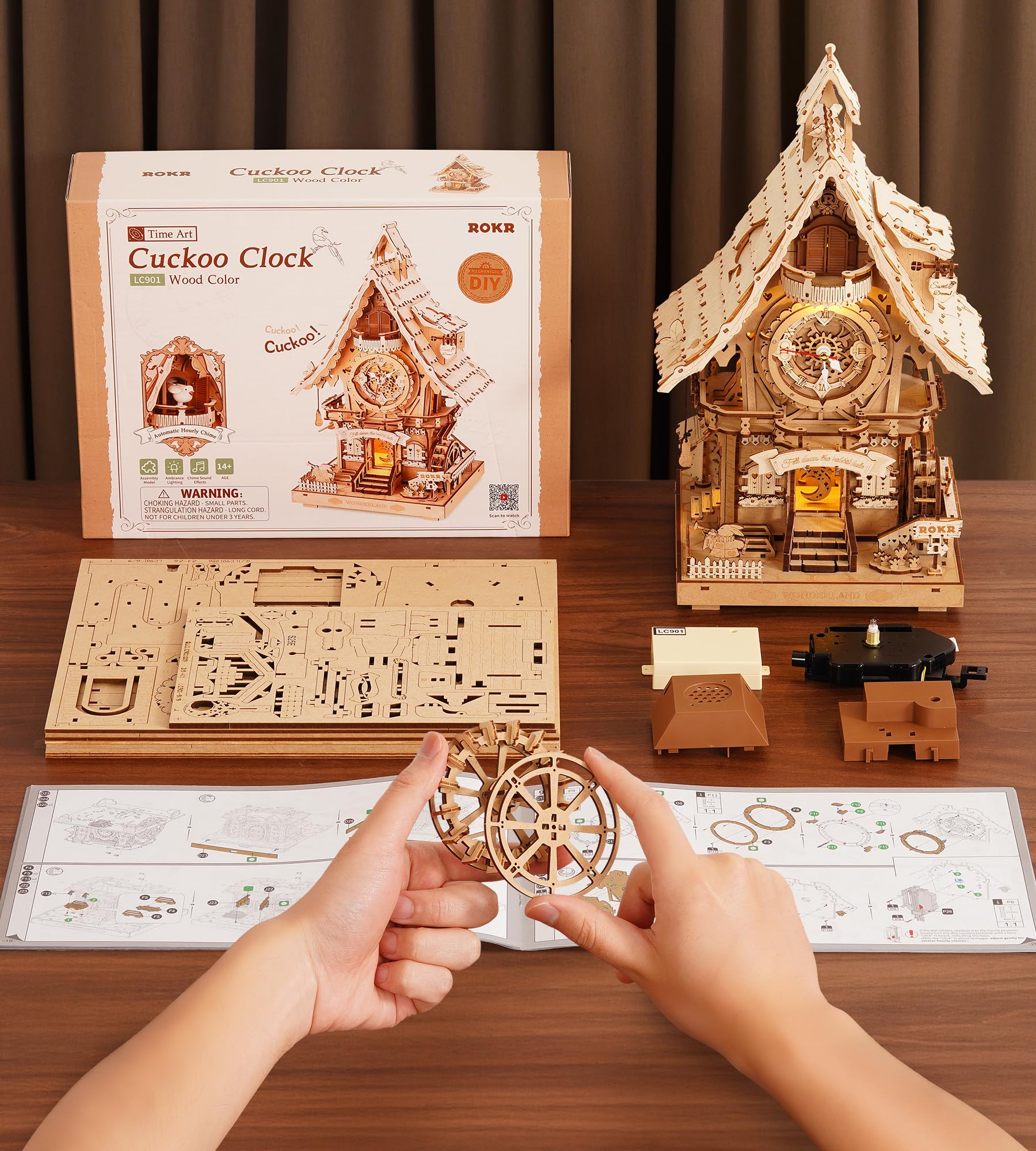 ROKR Kuckucksuhr 3D Holzpuzzle Erwachsene Holzuhr Modellbausätze Geschenk für Männer Frauen Holzfarbe LC901