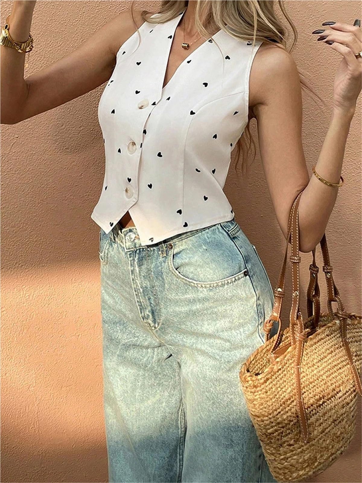 Blusa sin Mangas con Cuello en V for Mujer, Informal, Botones y Tirantes Finos, de Verano para Mujer