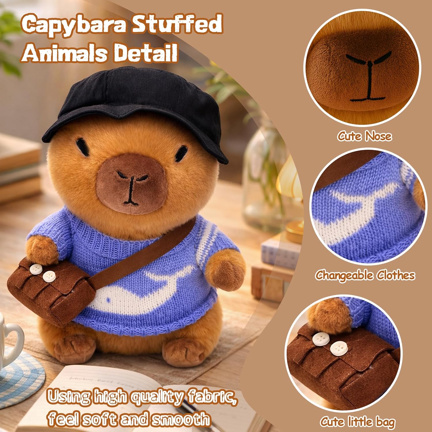 10.2" Brown Capybara Plush Toy with 9 Clothes and Accessories Super Soft Capybara Stuffed Animal for Kids Girls Boys (Blue Capybara)