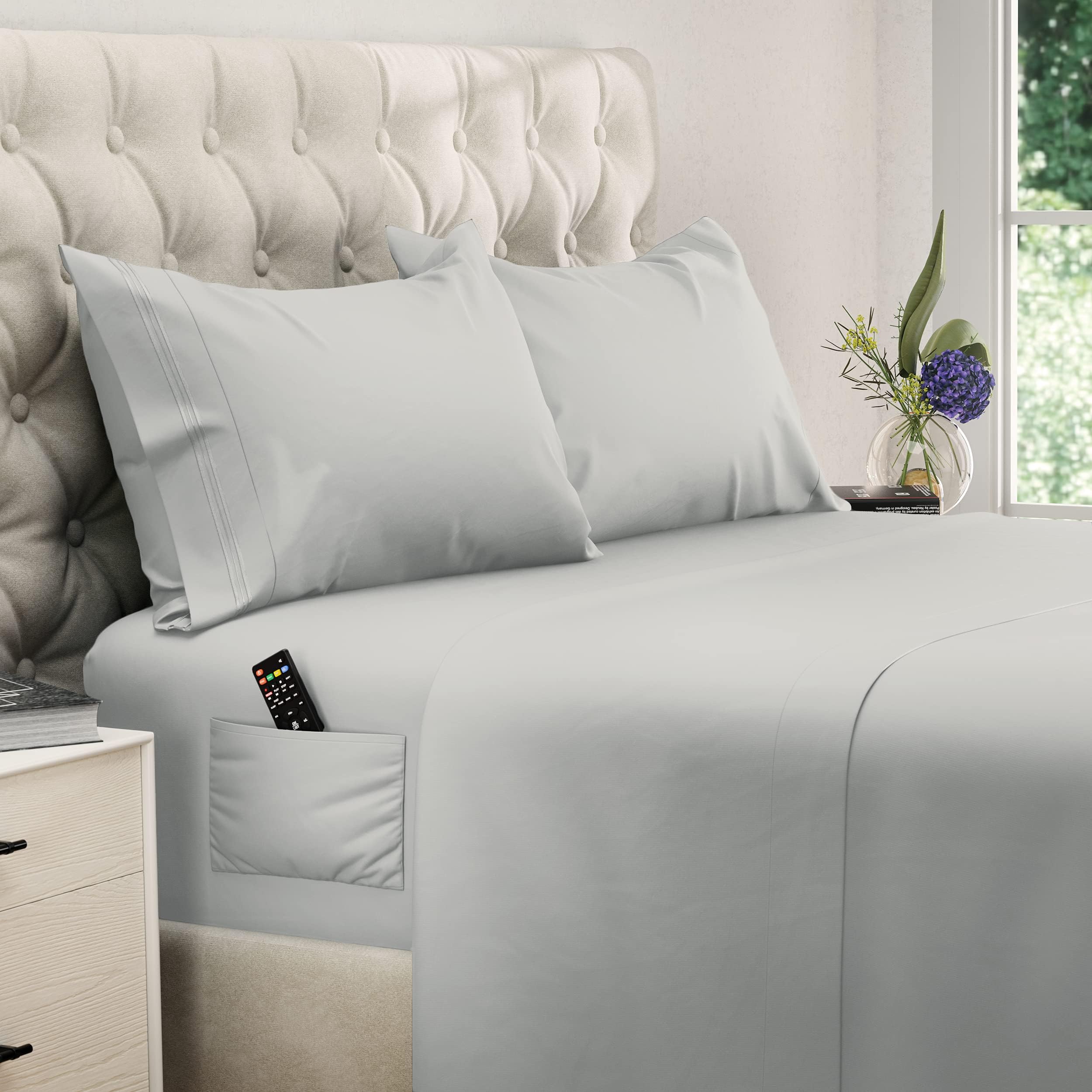 DREAMCAREQueen Size Sheets - Cooling Bed Sheets - 4pcs Set - up to 15" Deep Pocket Queen Sheet Set - Sheets Queen Size Bed - Soft & Long Lasting 100% Fine Brushed Polyester with Side Pocket - LGray