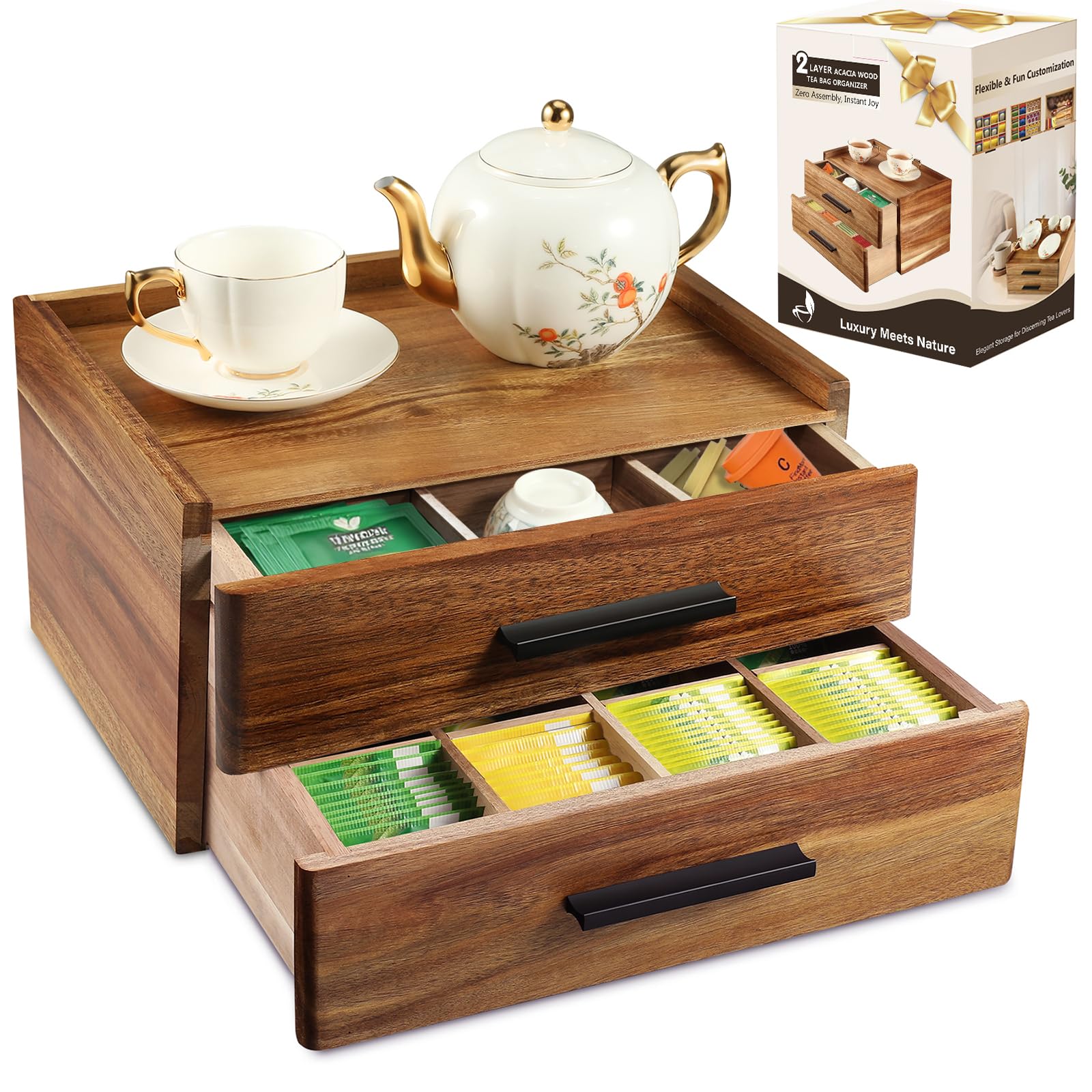 Teebeutel-Organizer aus Akazienholz mit Geschenkbox, Teebox mit doppelter Schublade, Teezubehör für Tee-Organizer und Aufbewahrungsbox, Teestation Truhe Caddy für Arbeitsplatte, Schrank, Büro (16