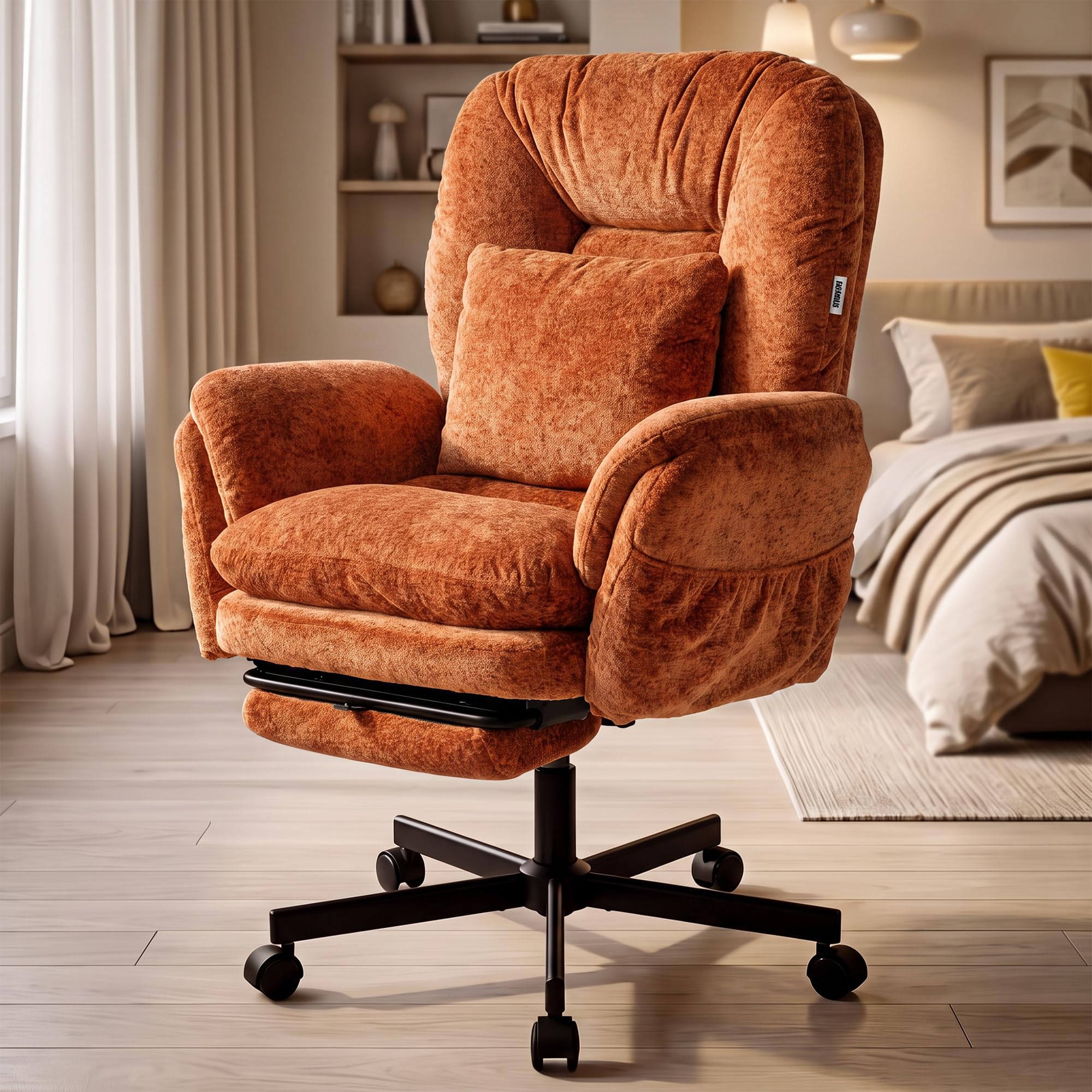DROGO Solace Criss Cross Legged Office Chair for Work with 5 Gear Armrest | Premium Velvet Fabric & Wide Cushion Seat | 3-Position Recline with Footrest | Computer Chair with Lumbar Pillow (Orange)