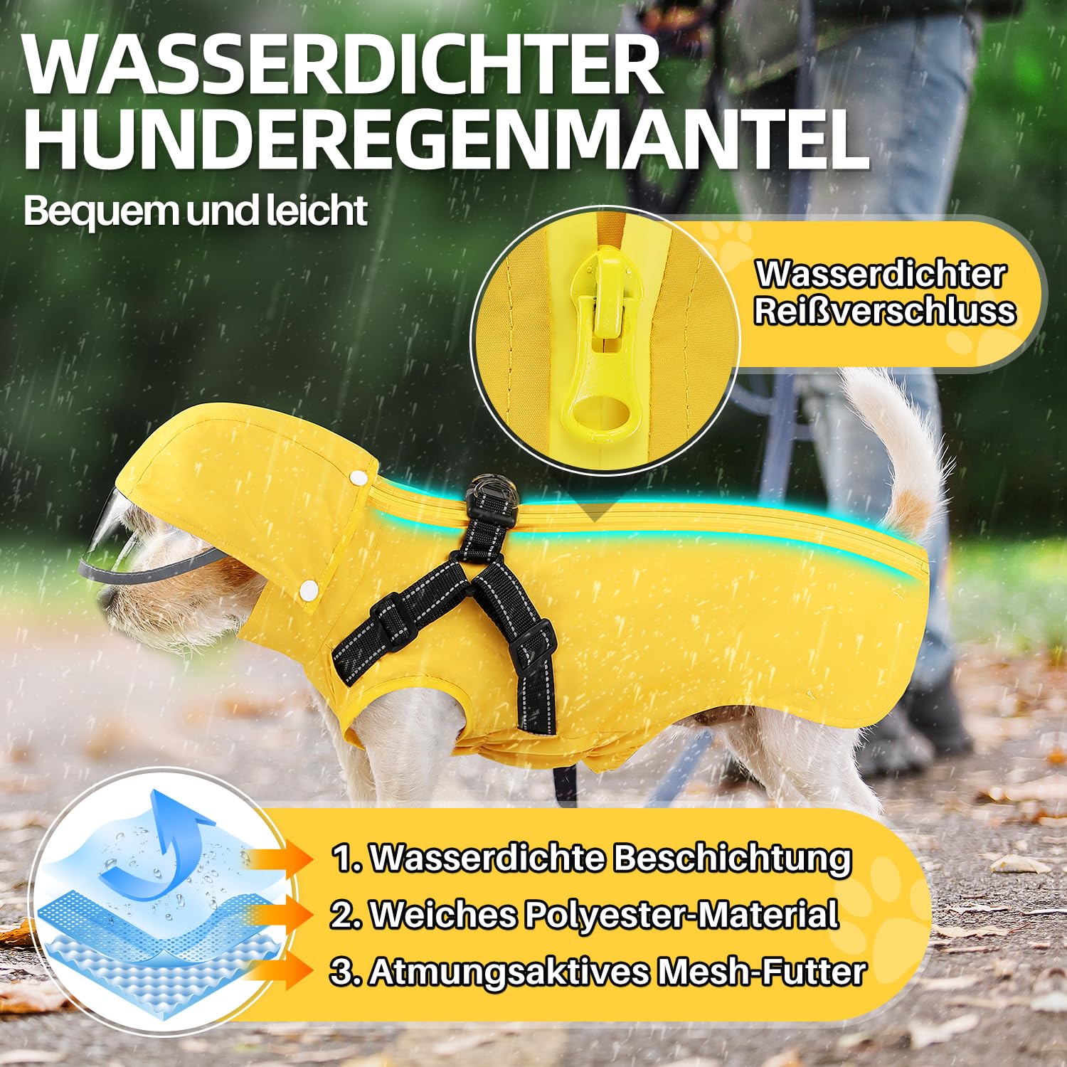 Eyein Hunderegenmantel, Wasserdichter Regenmantel mit Abnehmbarer Kapuze und Brustgeschirre, Reflektierender Hunde Regenmantel mit Atmungsaktives Netzfutter für kleine Mittelgroße und große Hunde, XL