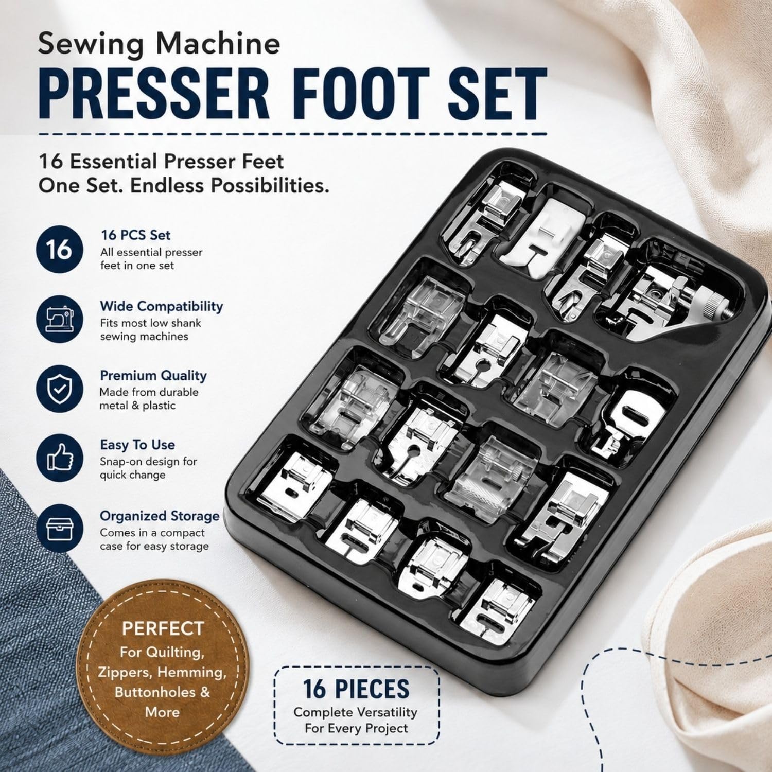 16 pcs Sewing Machine Presser Foot kit - Fit for All Machine - Low Shank Sewing Feet Accessories for Quilting, Zippers, Embroidery, Pintucks, Shirring, Lace, Beads, Blind Hem, Satin Stitch & More — Amazon image 4