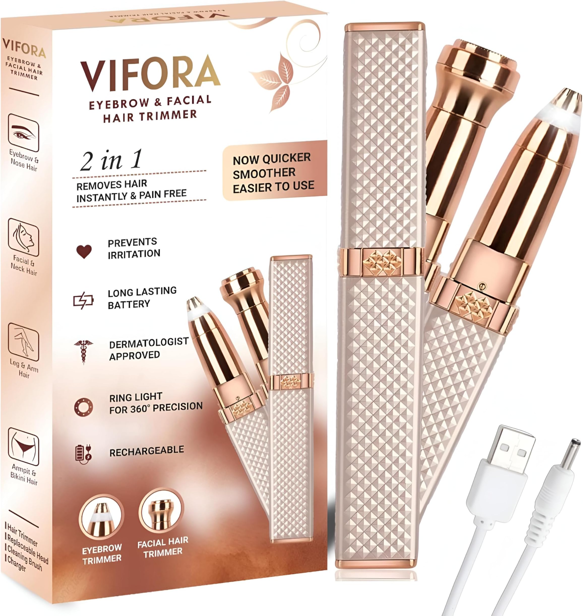 VIFORA 2-in-1 Eyebrow Epilators for Women - Facial Hair Remover Machine For Women - Epilators, Face,Upper Lips,and Nose Hair Remover, USB RECHARGEABLE Epilator With Ring Light (Gold Colour)