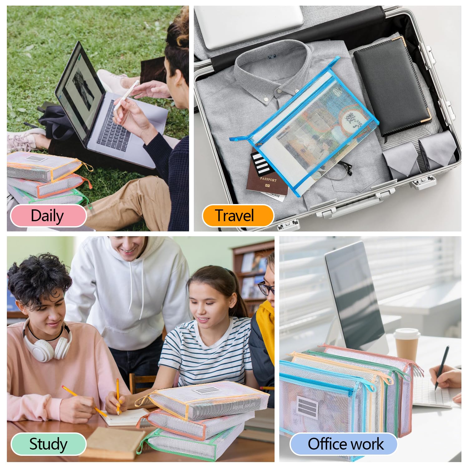 4 Piezas Juego de Bolsas Zip de Doble Capa de EVA, Bolsas con Cremallera Impermeable, Bolsa Zip A4 de Gran Capacidad para Guardar Documentos, Libros y Mucho Más (34 x 24 x 5 CM)