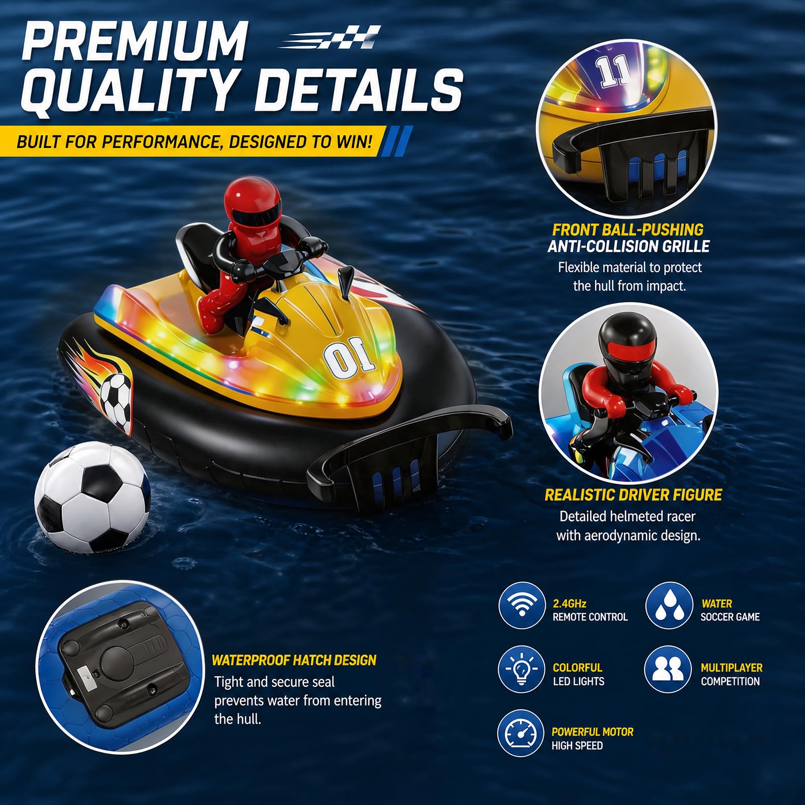 Barca radiocomandata con luce LED, 2,4 GHz, barca a motore telecomandata con pallone da calcio e acqua spruzzata, adatta per piscine e laghi, barca radiocomandata, giocattolo per bambini