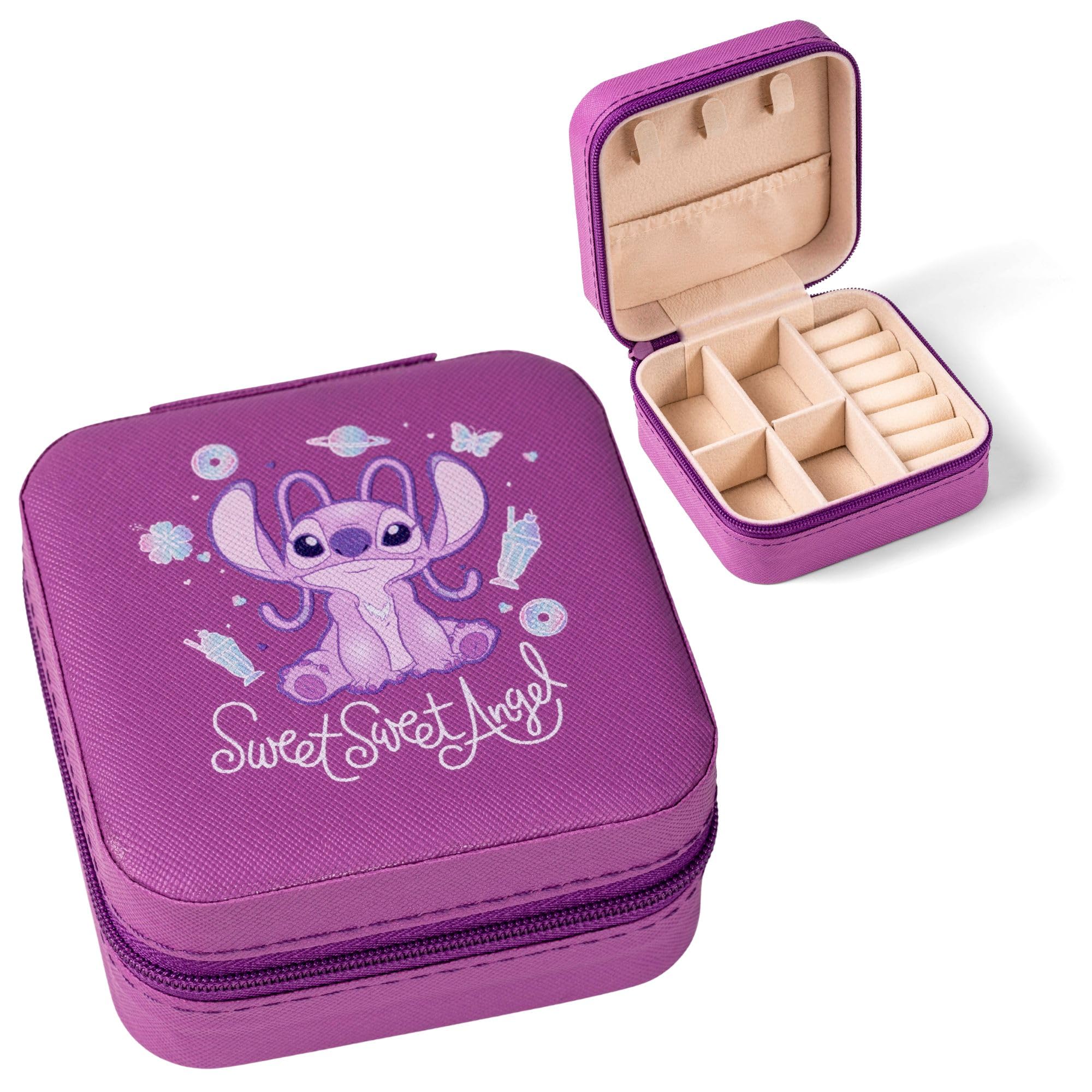 Disney Angel Girls and Womens Purple Small Square Compact Jewellery Case Storage for Rings Earrings Necklace Bracelets
