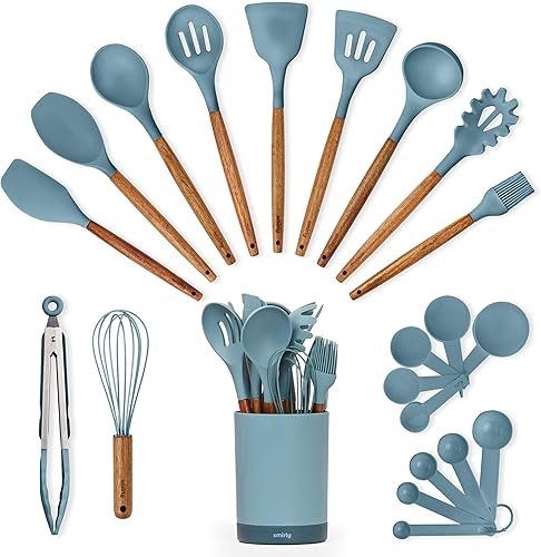 Juego de utensilios de cocina de silicona y soporte juego de utensilios de cocina, esenciales de cocina para el nuevo hogar y el primer apartamento,