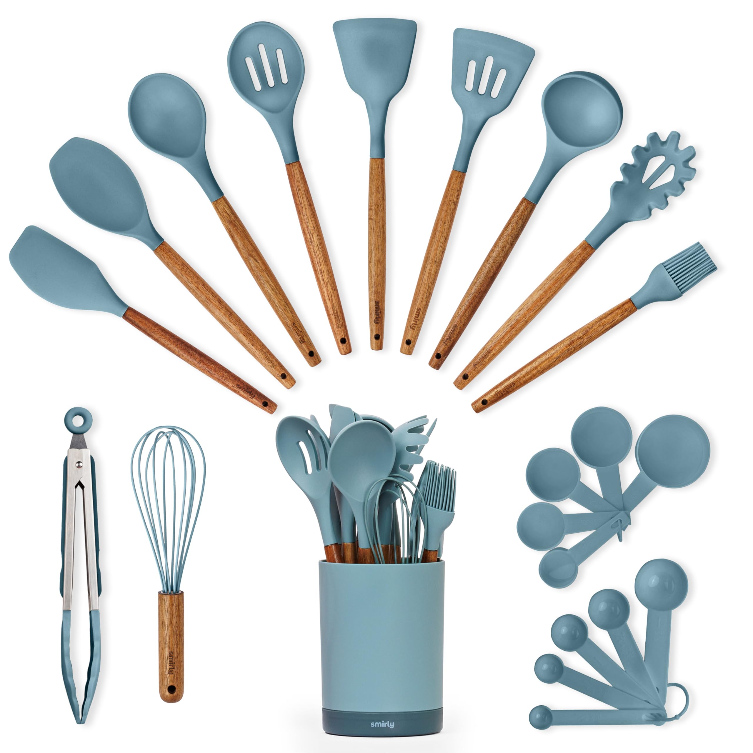 SMIRLY Silicone Kitchen Utensils Set & Holder: Cooking Utensils Set - Kitchen Essentials for New Home & 1st Apartment- Silicone Spatula Set, Cooking Spoons for Nonstick Cookware (Acacia Wood, Blue)