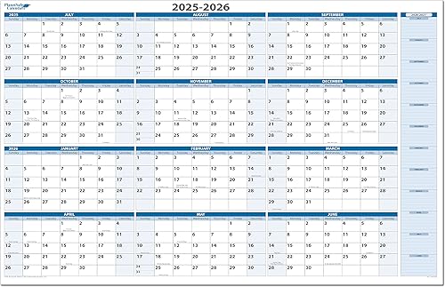 Calendario de pared horizontal de 12 meses fiscalacadémico de julio de 2025 a junio de 2026, 24 x 36 pulgadas, borrable en seco y húmedo con área de