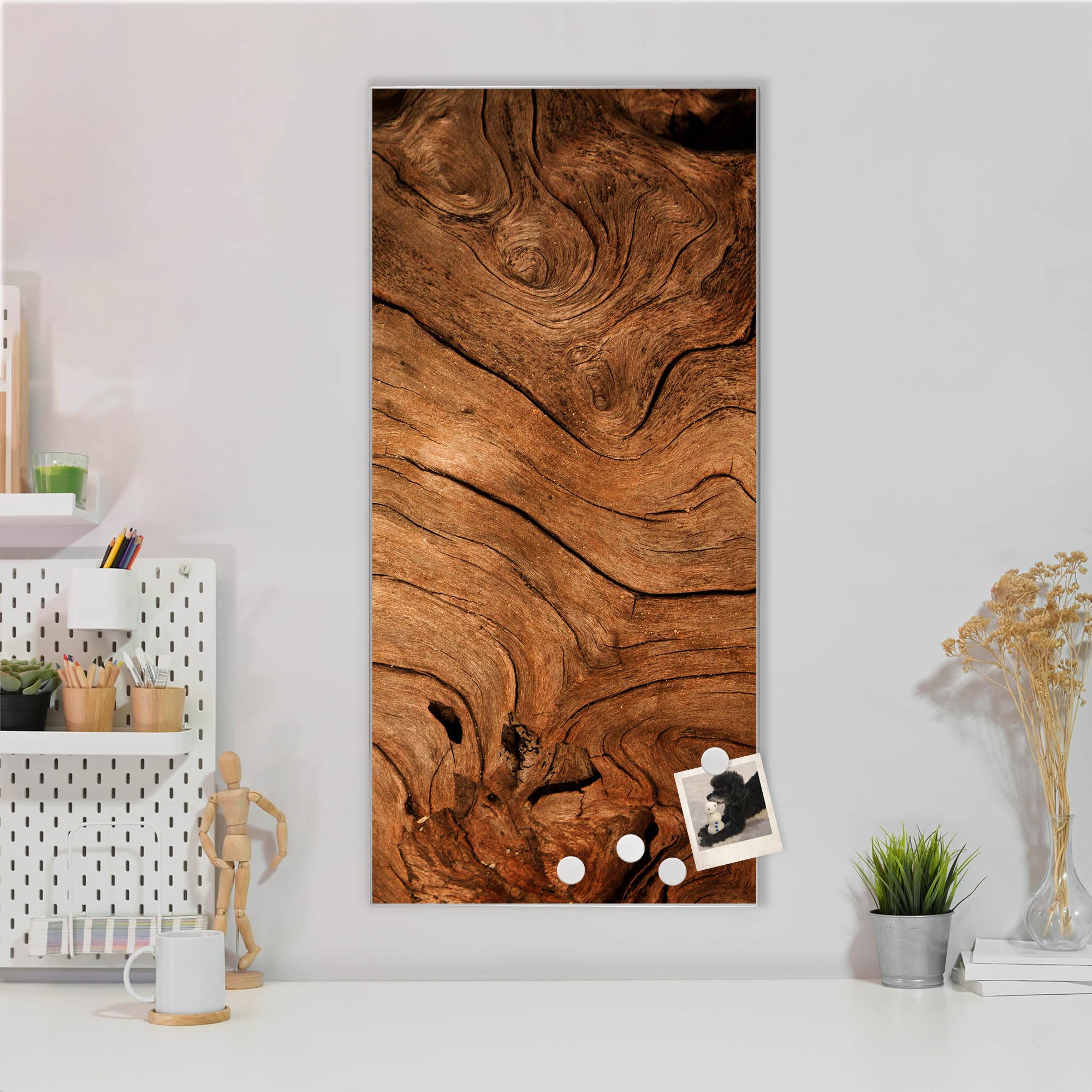 banjado® Magnettafel 37 x 78cm / Magnetwand aus Metall/Magnetpinnwand als Memoboard/Pinnwand Magnettafel Küche, Büro, Kinderzimmer inkl. 4 Magnete & Montageset - Motiv Trockenes Holz