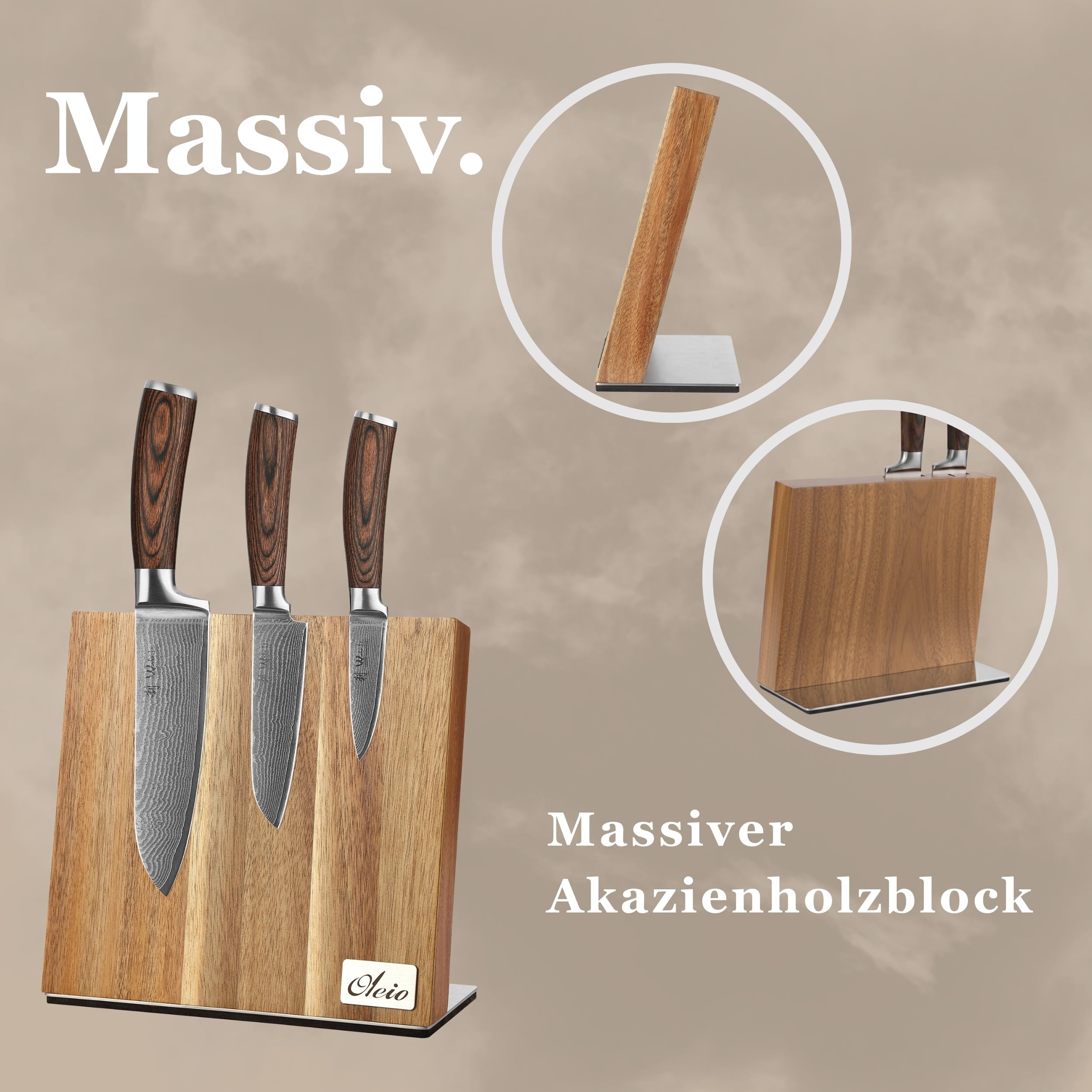 Wakoli EDIB Messerblock-Set mit 3 Damastmessern, 67 Lagen und VG10-Kern | Santoku 17 cm, kleines Santoku 12 cm, Officemesser 8,5 cm; magnetischer Messerblock aus Holz, Pakkaholzgriffe, Holzbox