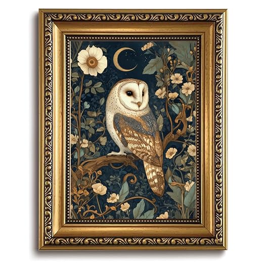 Vintage Gold Framed Wall Art Dark Academia Owl Canvas Prints Cottagecore Floral Wall Decor Wildlife Animal Pictures Forest Botanical Aesthetic Paintings Artwork for Living Room Bedroom 8x10in