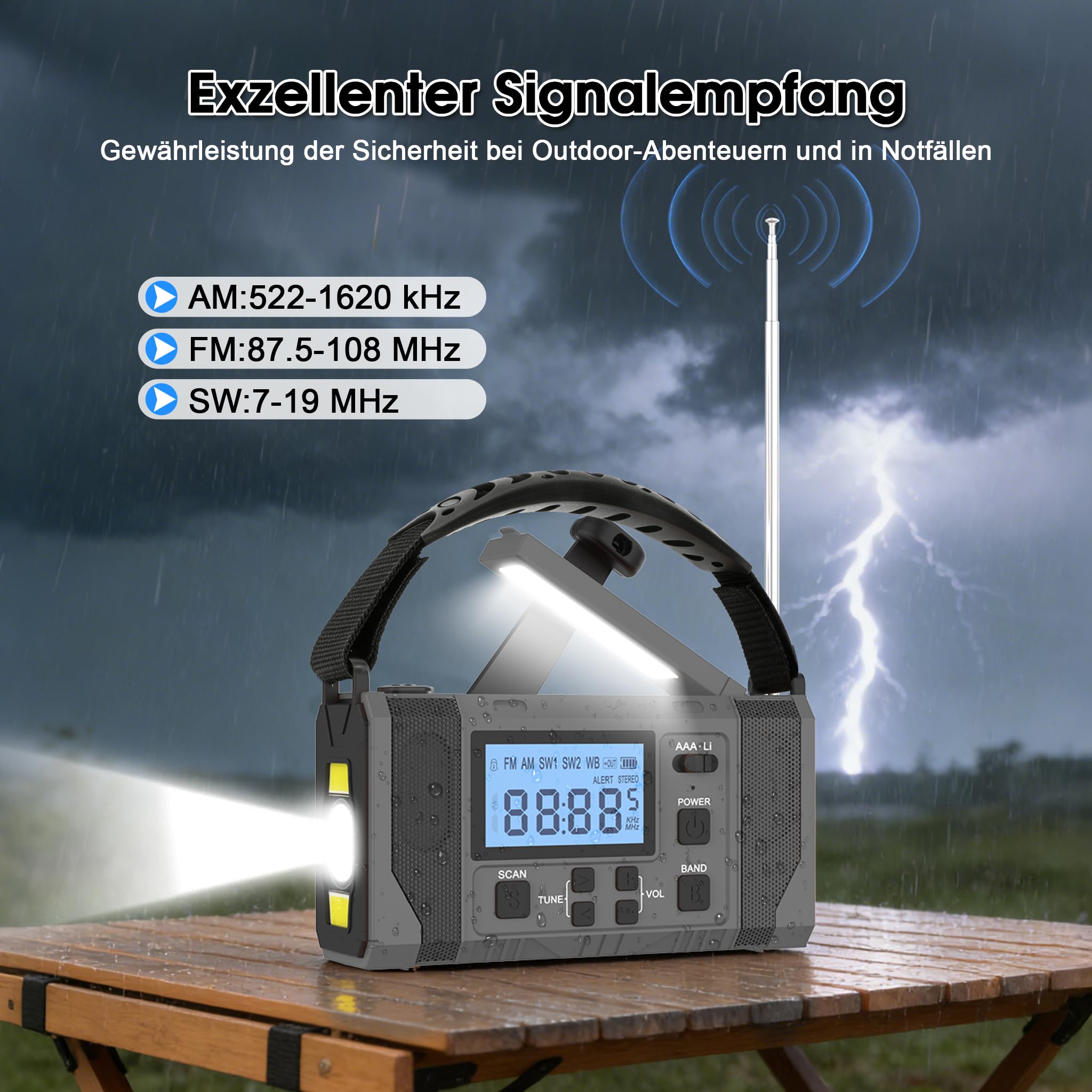 Notfall-Solar Radio, 10000mAh Notfall Kurbelradio, AM/FM Radio, Taschenlampe+ Leselicht, SOS-Alarm, Powerbank, 3-Ladearten (Solar/USB/Handkurbel), für Camping/Wandern/Stromausfall,Grau