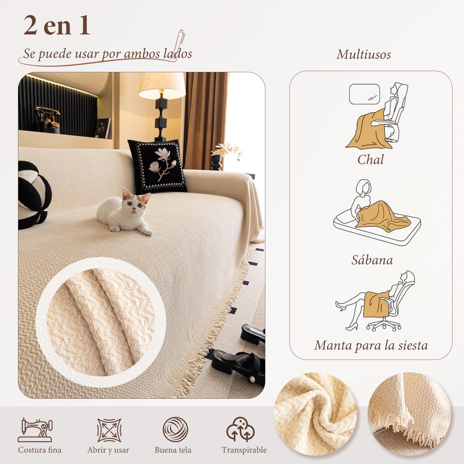 Manta Sofa Súper Suave, Jarapas para Sofas, Colcha Multiusos para Sofas, Mantas Decorativas Multifuncionales y Frescas para Camas y Sofás 180 * 260cm-Beige
