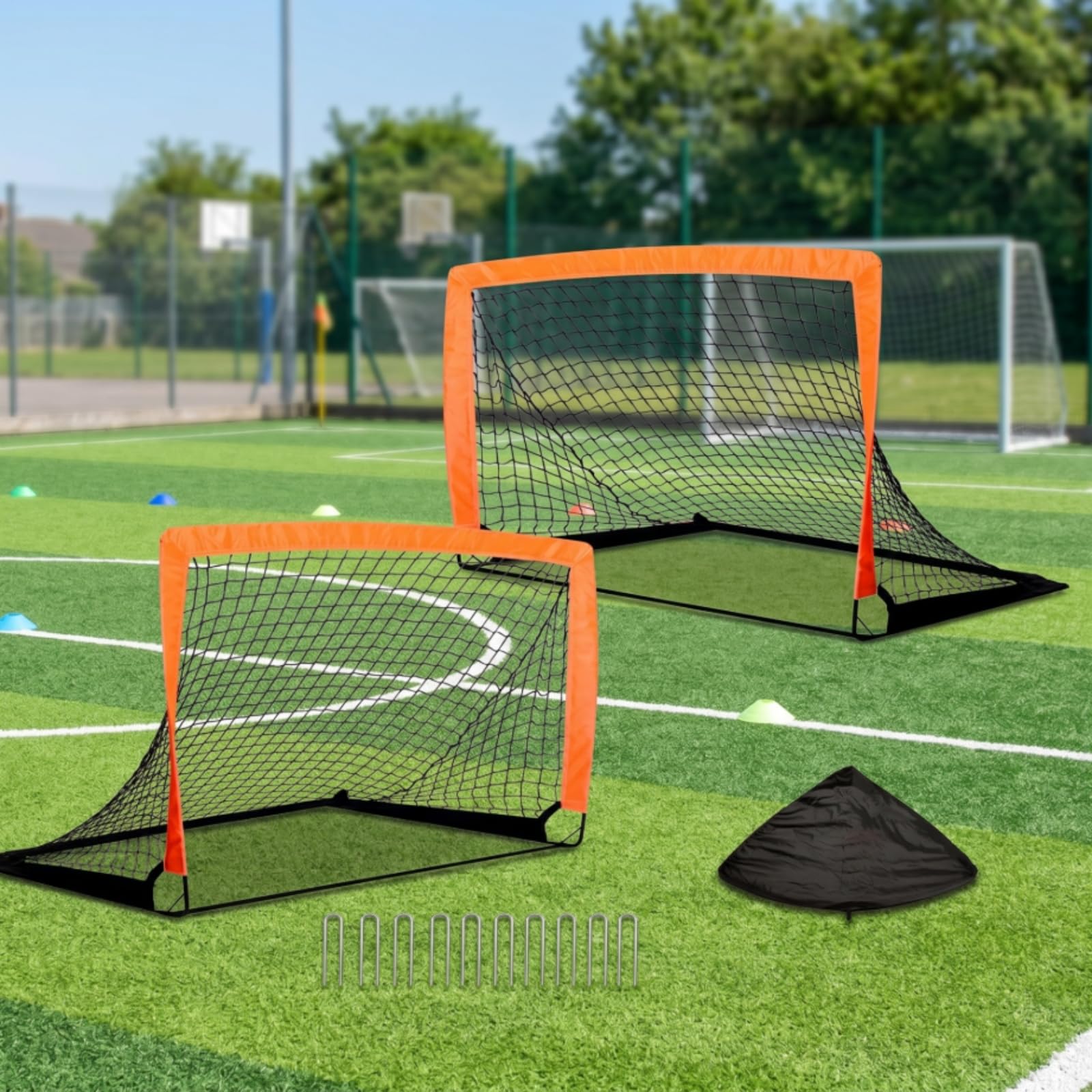2 Piezas Portería Fútbol Plegable Ligera Portería Fútbol con Estacas Resistente para Niños, Principiantes, Jardín, Patio, Entrenamiento