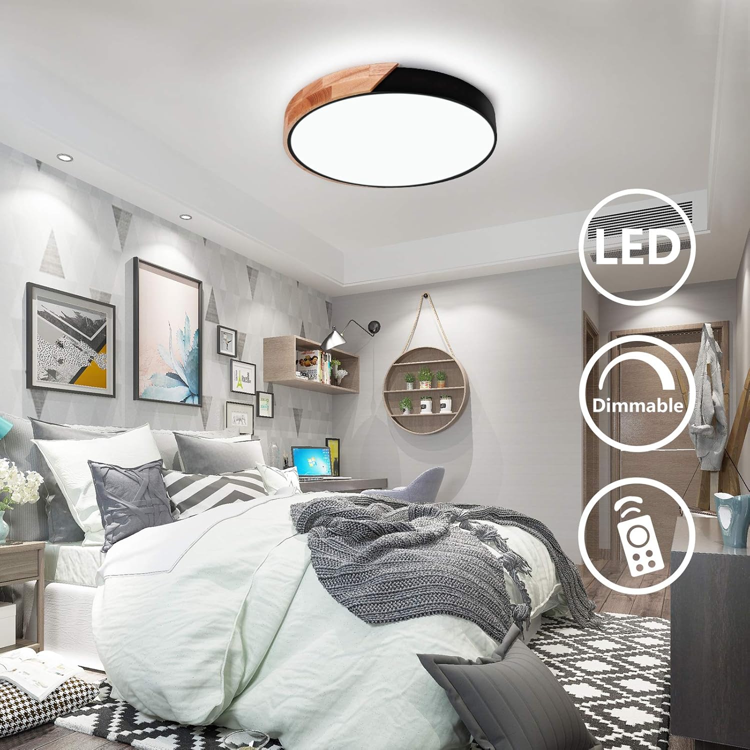 EDISLIVE Ceiling Light Dimmable 19 inch Modern Minimalist LED Round Shaped Wood & Metal & Acrylic Flush Mount Ceiling Light with Remote Control Black