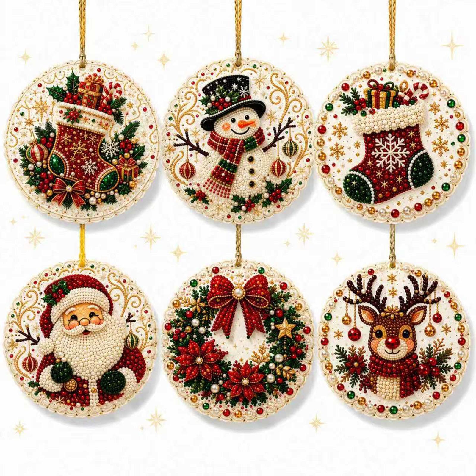 LLELEMAMO Christmas Wooden Ornaments DIY Pearl Diamond Painting Kit, 6PCS Pearl Art Kits for Adults, Round Hanging Tree Decorations with Festive Designs for Holiday Crafts, Home Décor and Gifts (#04)