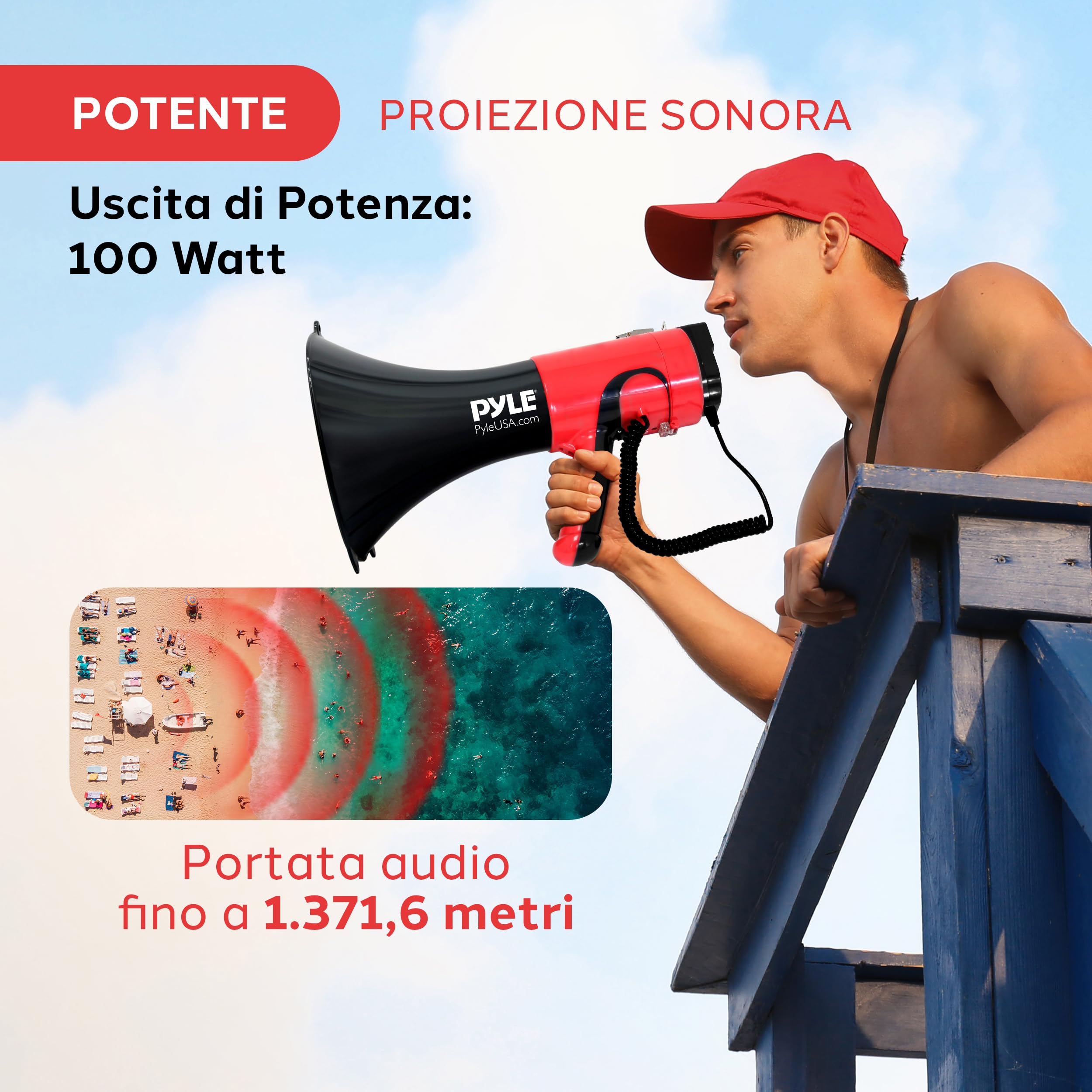 Pyle Megafono Portatile Bluetooth 100 Watt, 1370 m, Megafono con Sirena e Cambio Voce, Controlli Regolabili, Ideale per Sport, Sicurezza, Calcio, Basket, Baseball, Polizia