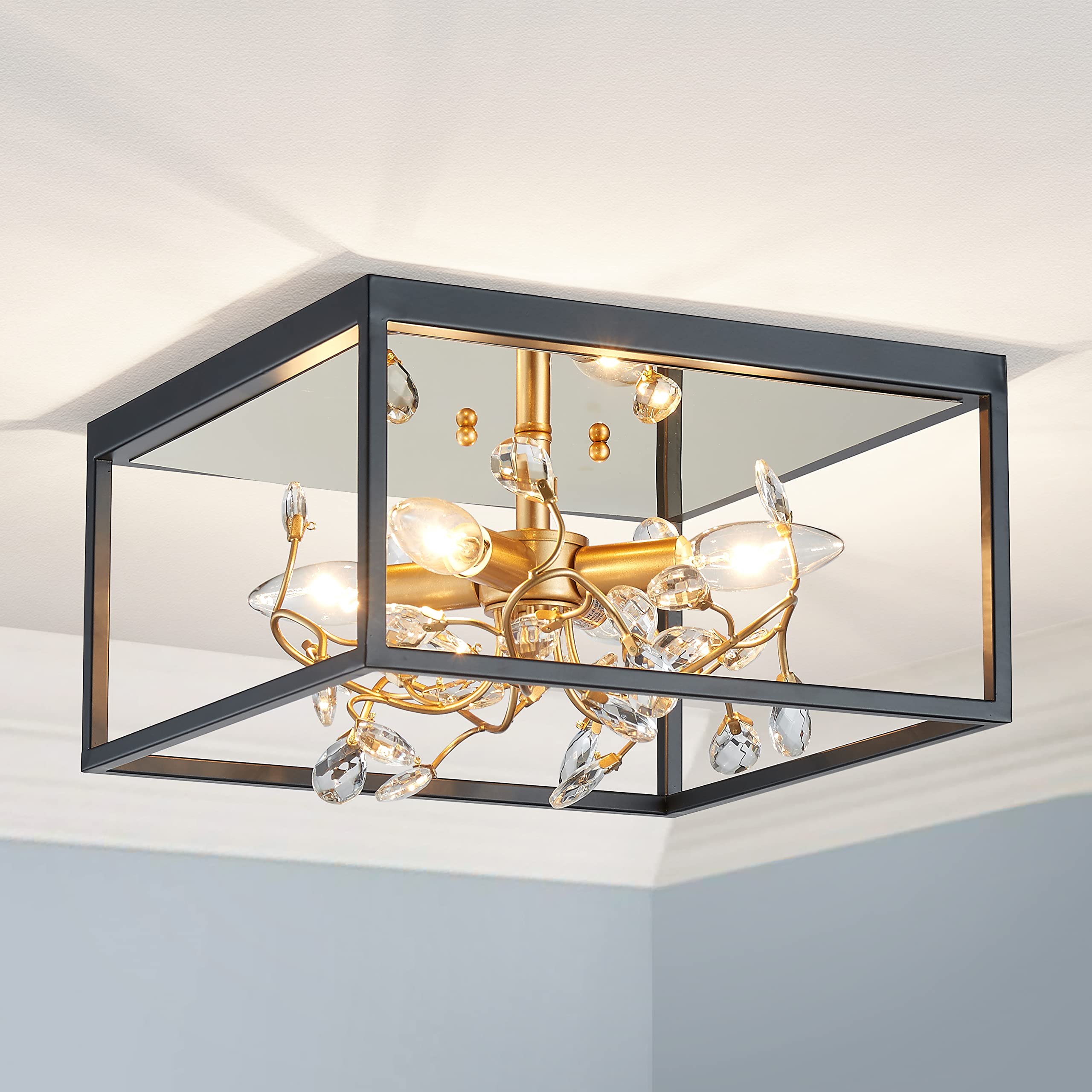 AGV LIGHTING CL044G Crystal Ceiling Light Fixture, Modern Flushmount Light, Perfect for Living Room, D12 x H8, E12 Base 3-Lights, Matte Black & Shine Gold Finish
