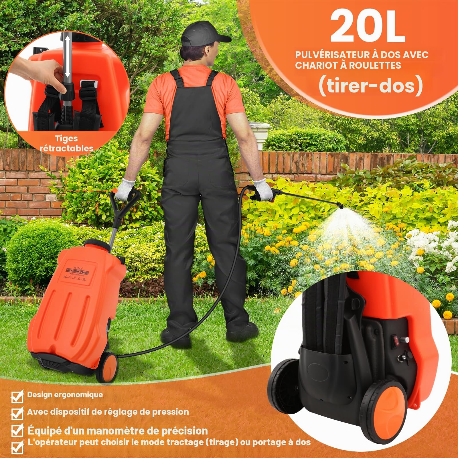 Pulvérisateur Électrique 20L, Chariot à roulettes Réglable, 0-65 PSI, Pulvérisateur Électrique Toiture Longue Portée à Batterie, Débit 3.6 L/Min avec 4 Buses de l'agriculture,de la médecine, etc