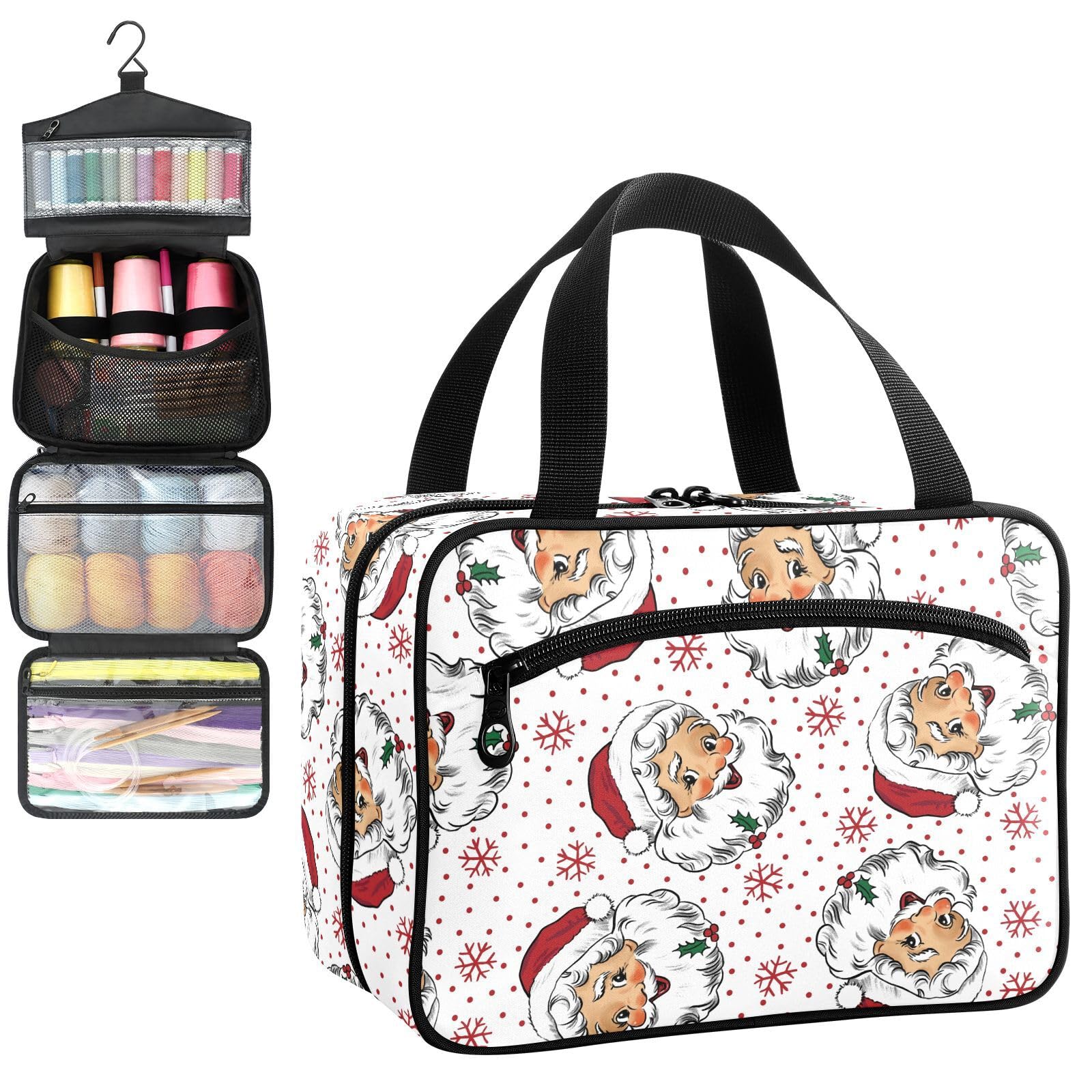 YNNALE Sewing Supply Organizer Bag, Retro Xmas Santa with Polka Dot&snowflake Portable Sewing Bags with Pockets&Hanger, Sewing Storage Box Case for Sew Supplies/Kit/Tools/Accessories (BAG ONLY)