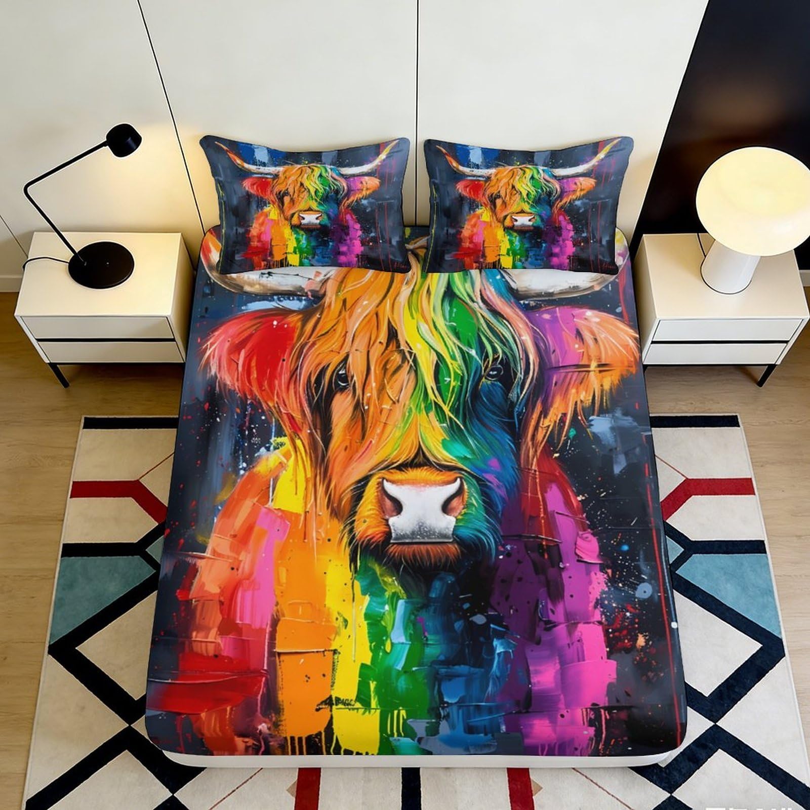 3D Printed Colorful Highland Cow Fitted Sheet Microfiber Soft Breathable Rainbow Cow Bed Cover for Bedroom Dormitory Guest Room Mattress Protection 160x200x25cm