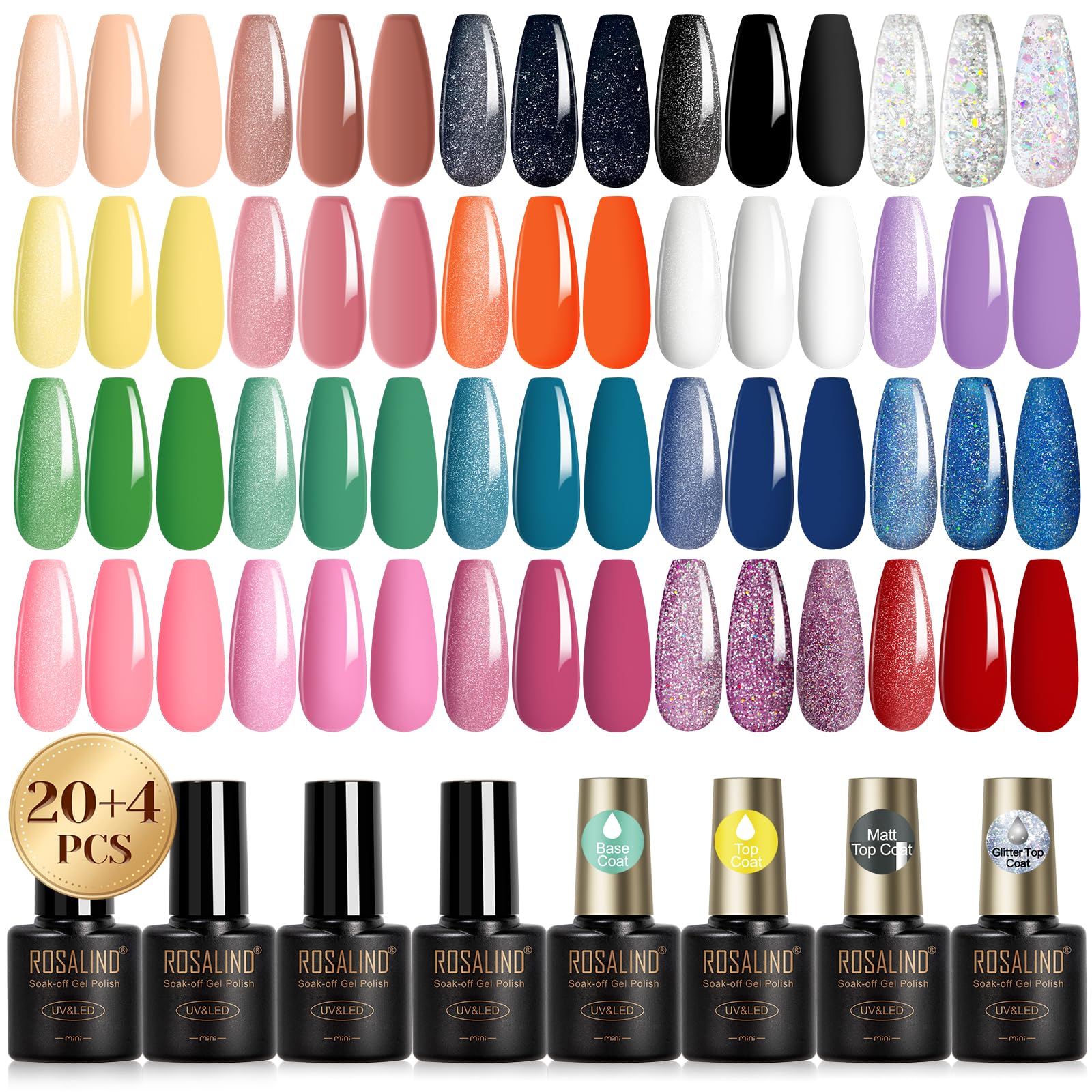 ROSALIND Esmaltes Semipermanentes Para Uñas, 24 Piezas Amarillo Morado Verde Azul Rosa Colores Pintauñas Semipermanentes con Base Top Coat, Mate y Purpurina Top Coat UV LED Nail Art Manicure