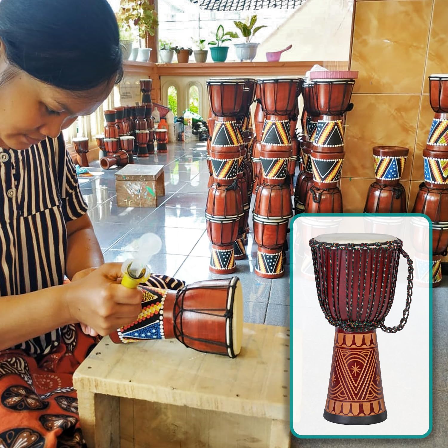 Djembe in Legno 60 cm – Tamburo Africano Artigianale con Pelle di Capra – Strumento di Percussione Bongo – Suono Forte e Chiaro