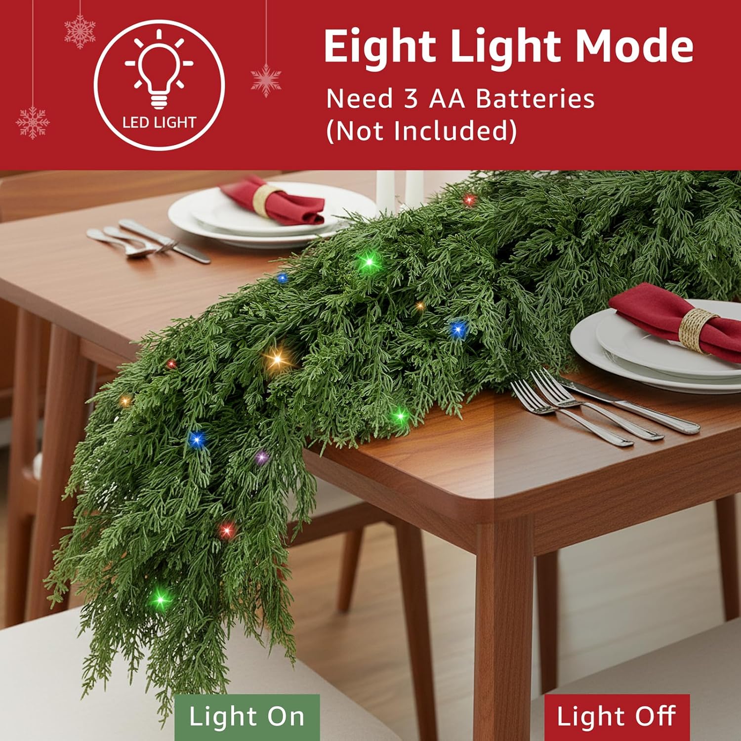 Cedar Christmas Garland for Mantle - 2 Pack Decorations with Lights 9 ft Realistic Lighted Faux Pine Garlands for Xmas Indoor Outdoor Prelit Decoration 9ft Garland for Door Stairs Railing Fireplace - Image 5